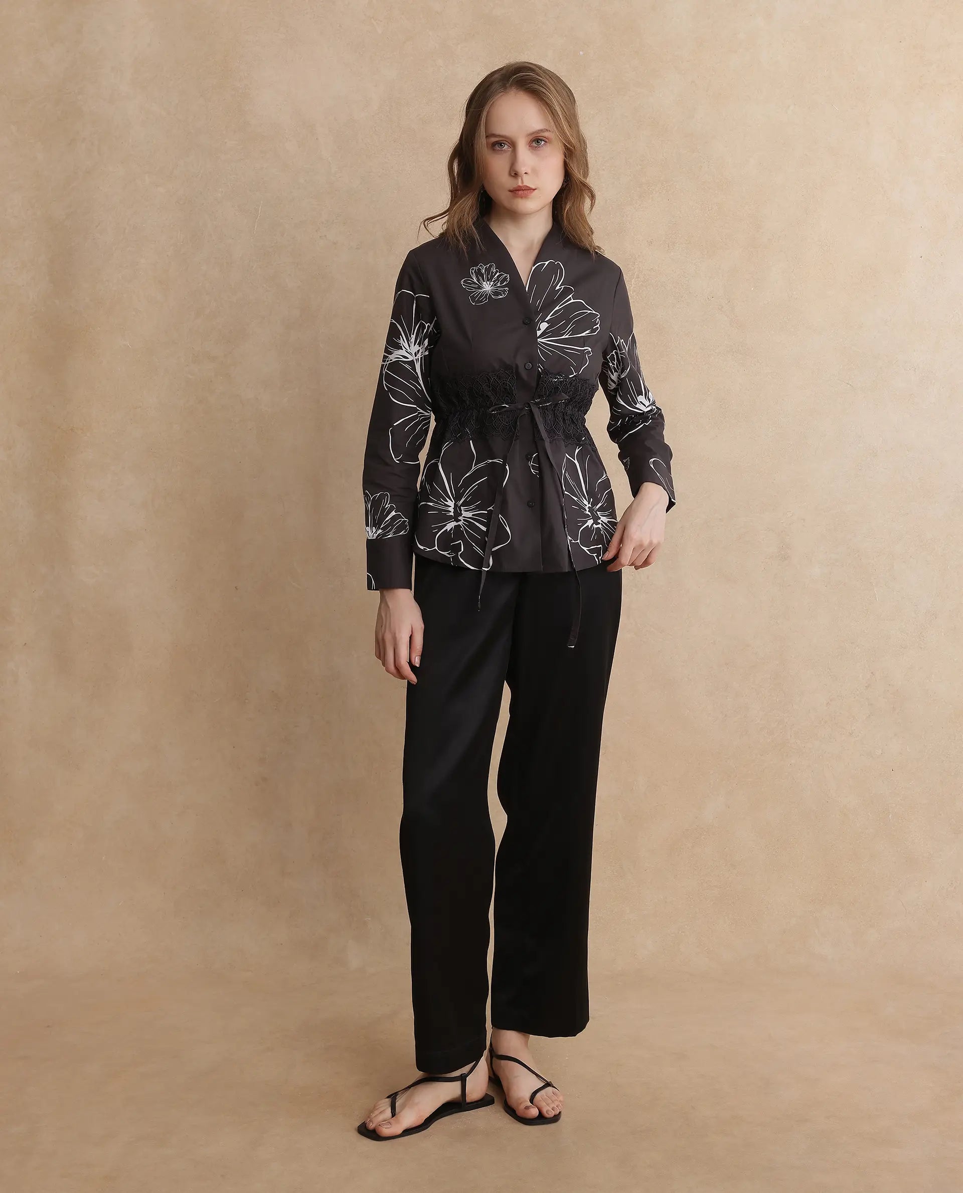Rareism Women's Hoose Brown Cotton V-Neck Floral Print Cuffed Sleeve Regular Fit Top