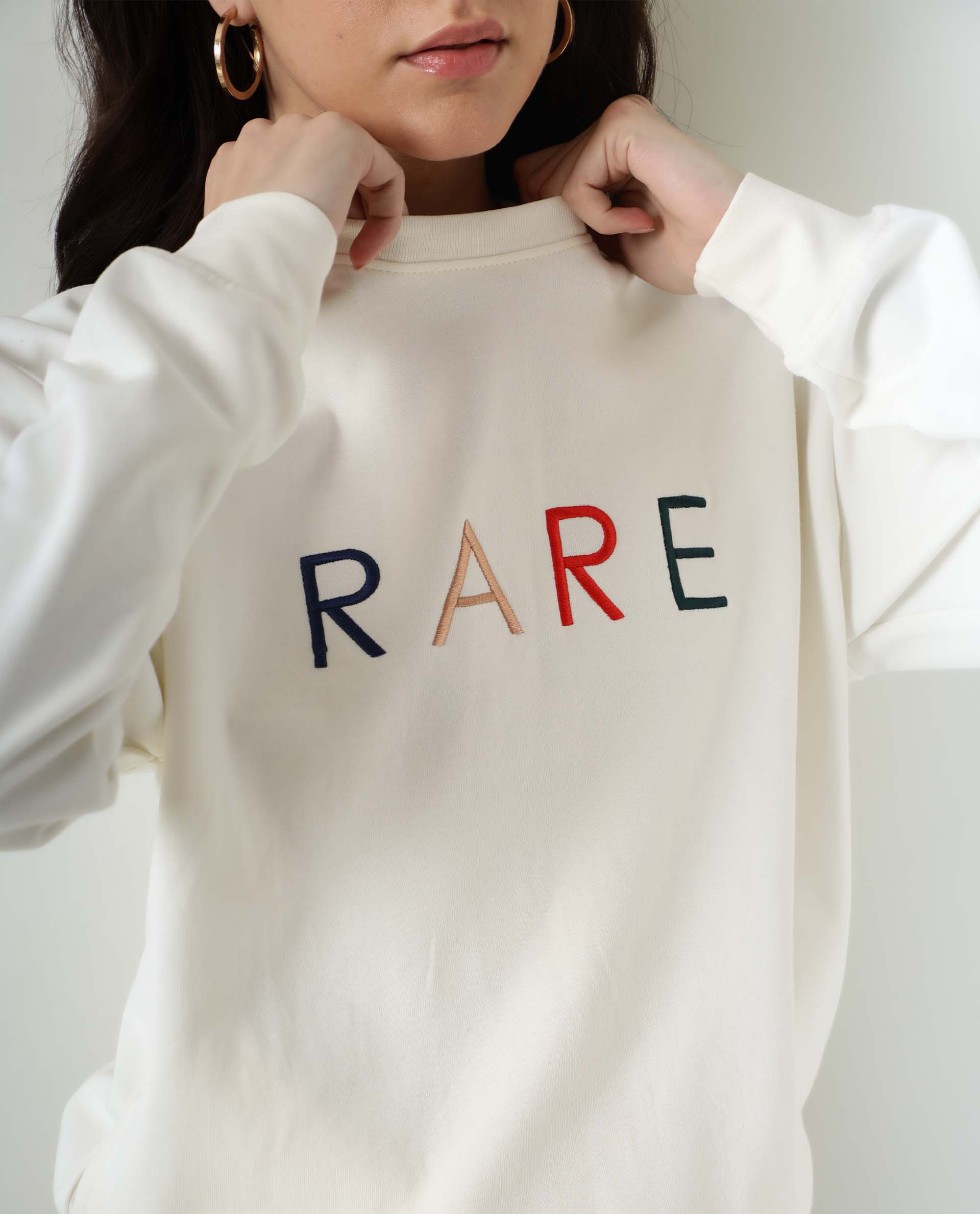 Rareism Women Host Off White Cotton Linen Fabric Relaxed Fit Full Sleeves Solid Crew Neck Sweatshirt