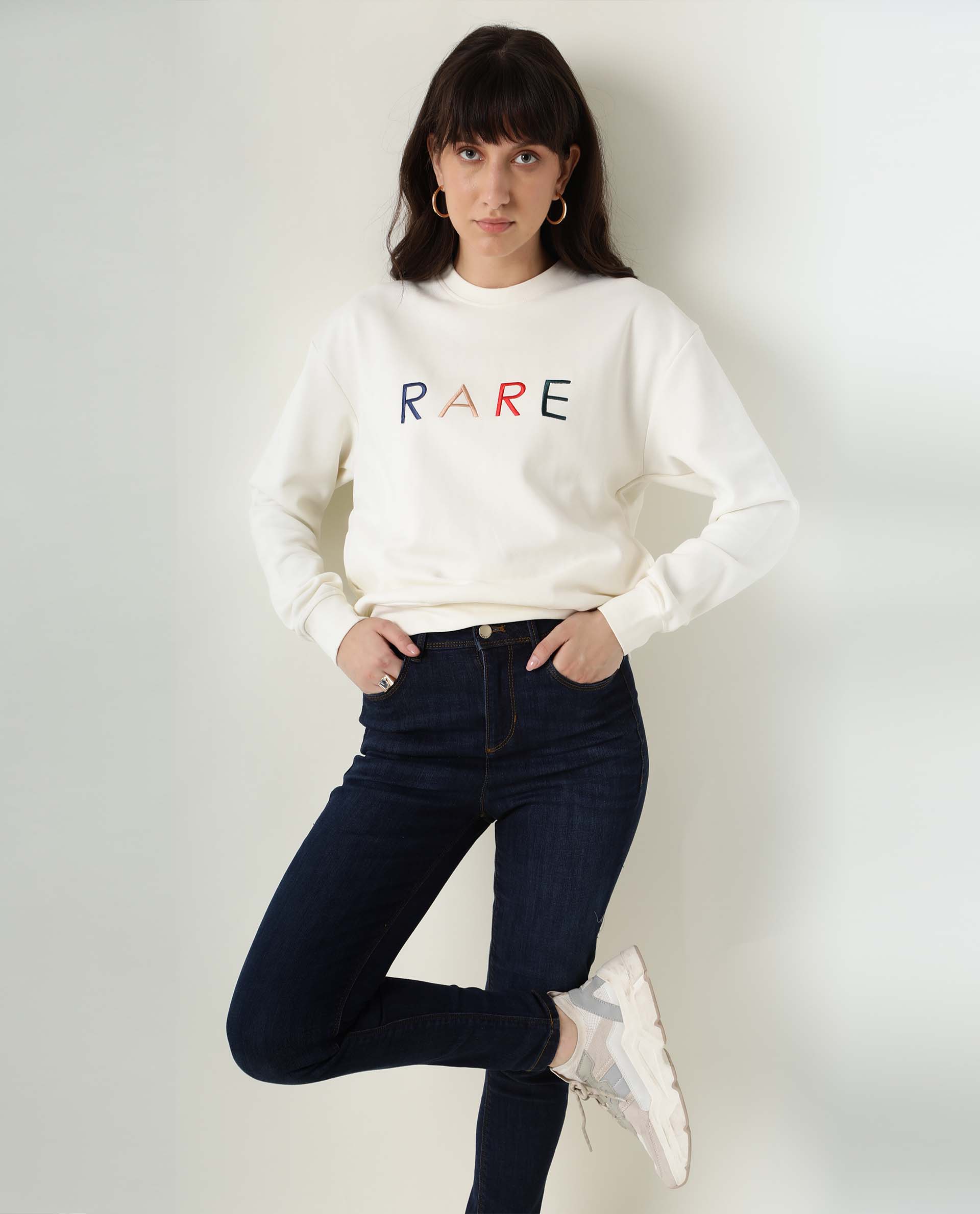 Rareism Women Host Off White Cotton Linen Fabric Relaxed Fit Full Sleeves Solid Crew Neck Sweatshirt