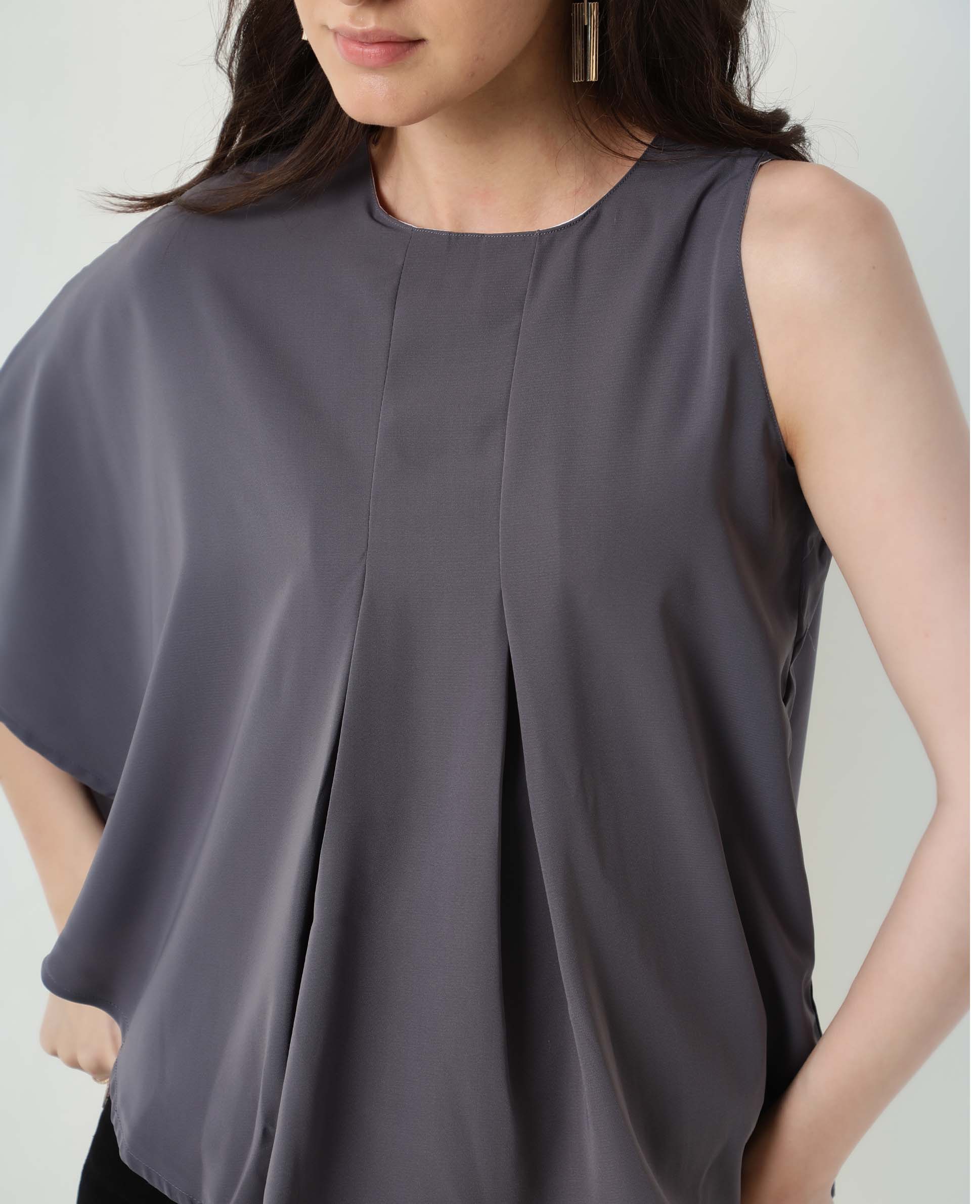 Rareism Womens Hudy Grey Top Polyester Fabric Relaxed Fit Flared Sleeve Round Neck