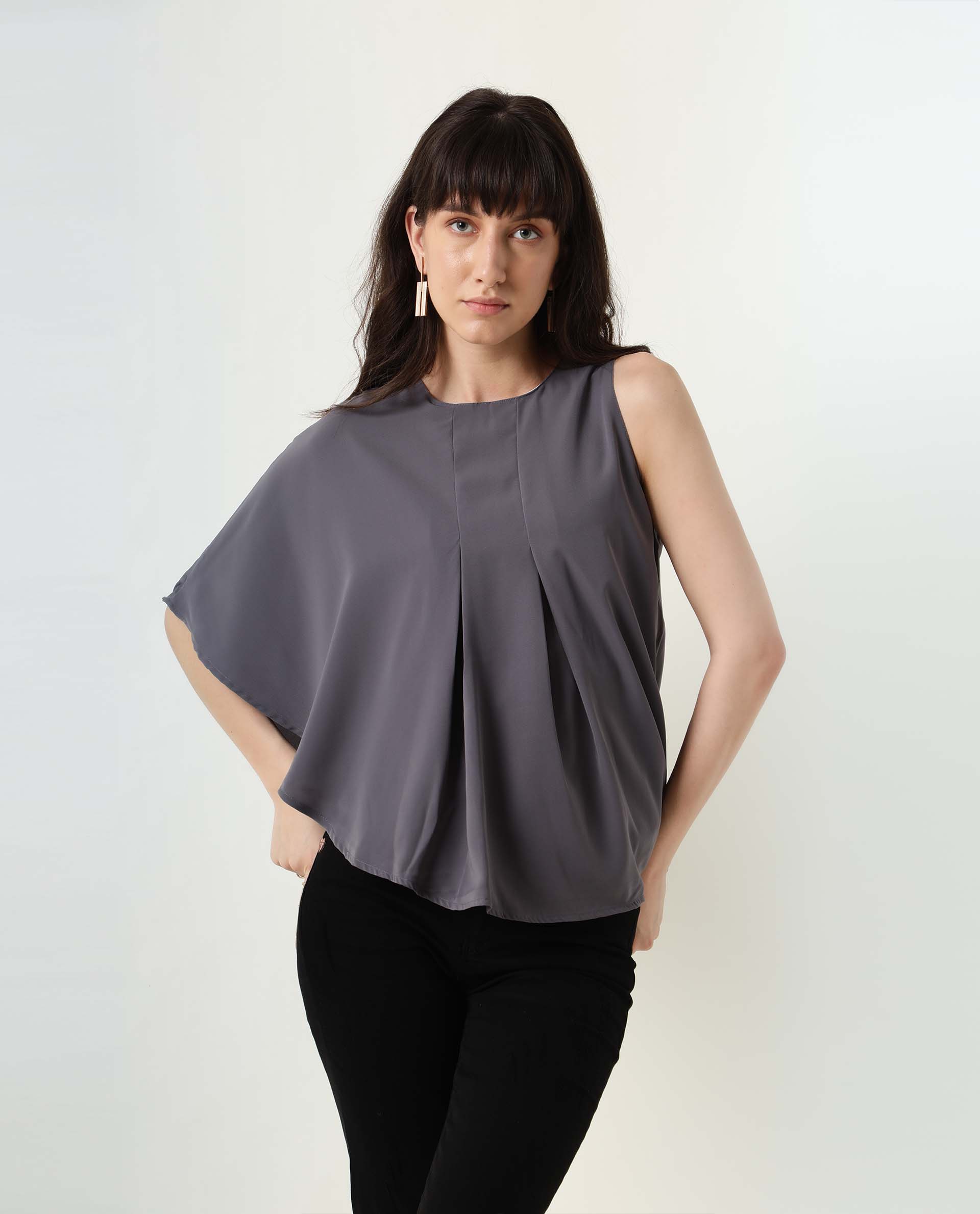 Rareism Womens Hudy Grey Top Polyester Fabric Relaxed Fit Flared Sleeve Round Neck