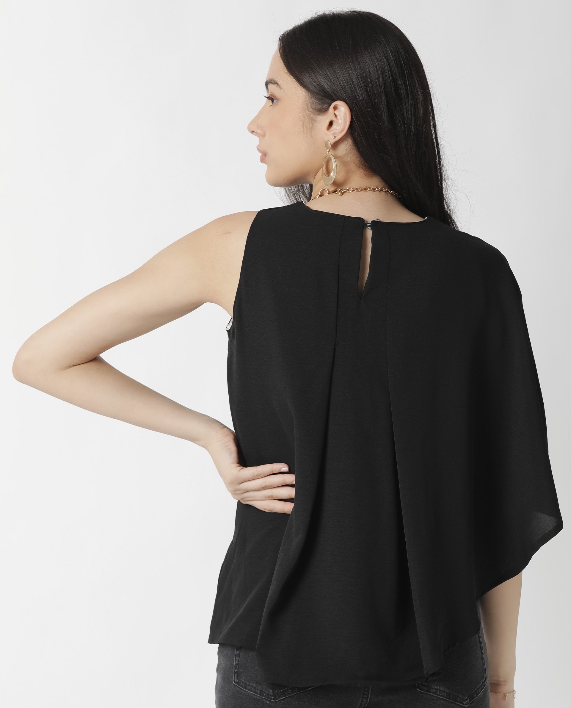 Rareism Womens Hudy Black Top Polyester Fabric Relaxed Fit Flared Sleeve Round Neck