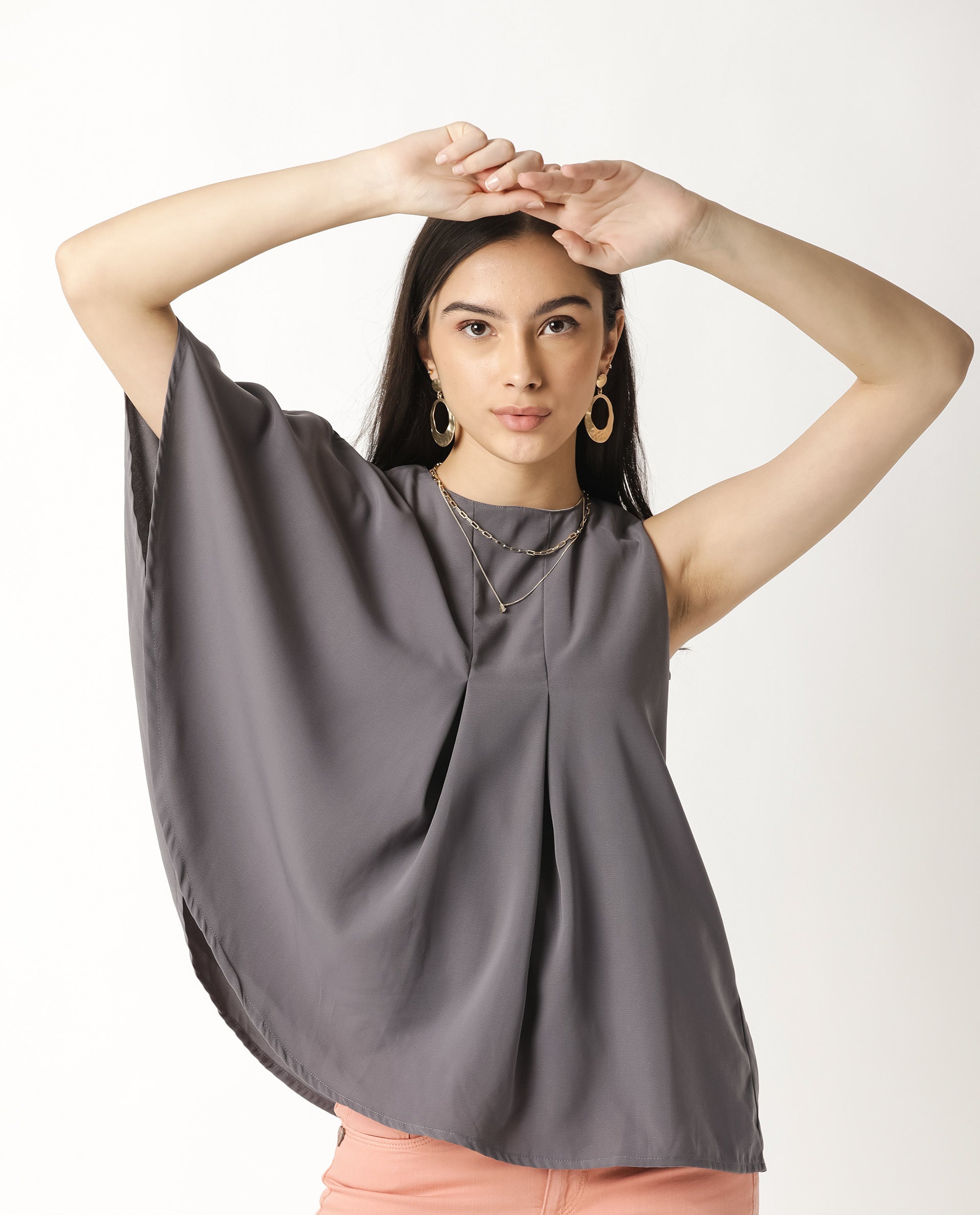 Rareism Womens Hudy Grey Top Polyester Fabric Relaxed Fit Flared Sleeve Round Neck