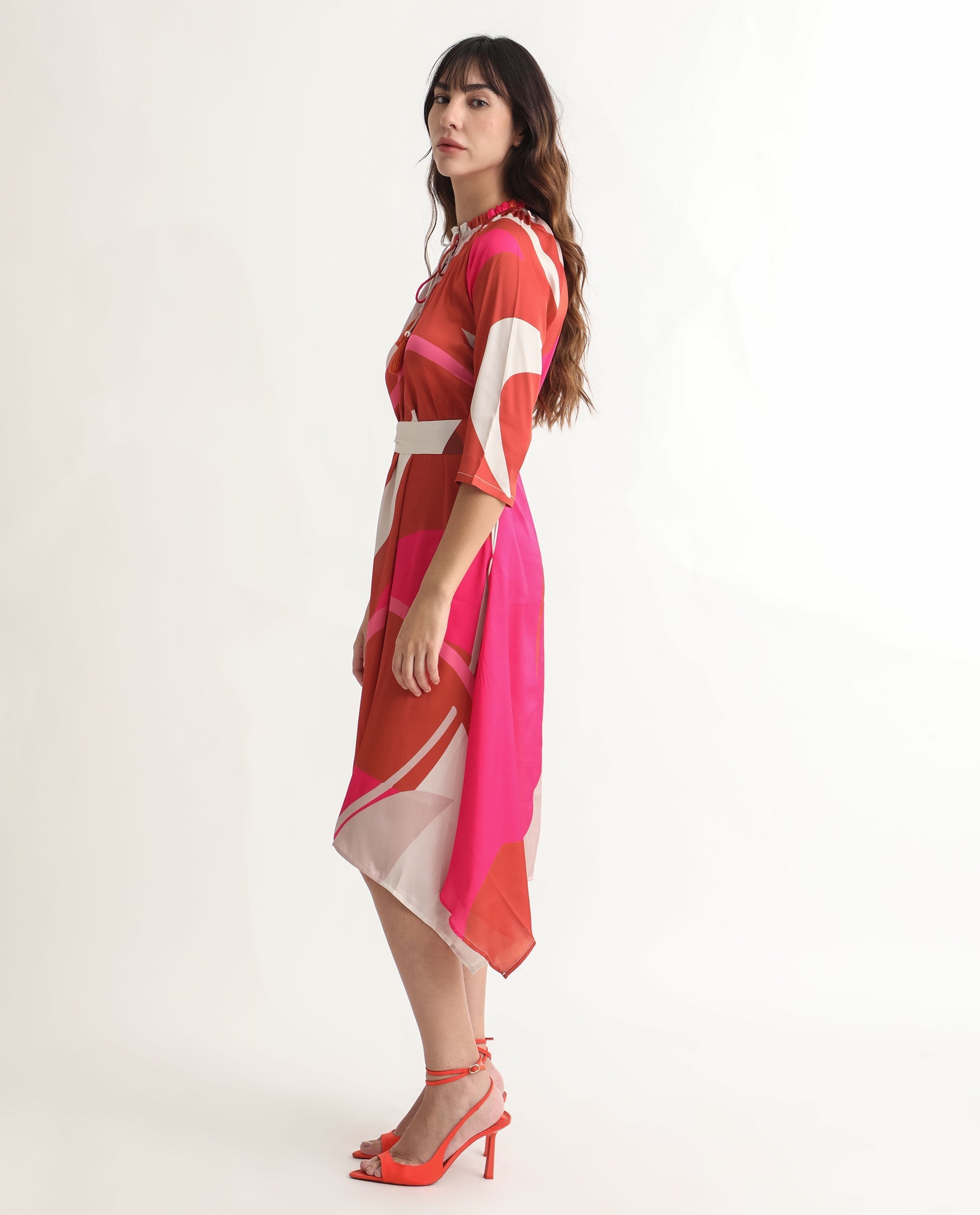 Rareism Women Hughes Light Multi Polyester Fabric Short Sleeves Drawstring Closure Tie-Up Neck Regular Fit Abstract Print Knee Length Asymmetric Dress