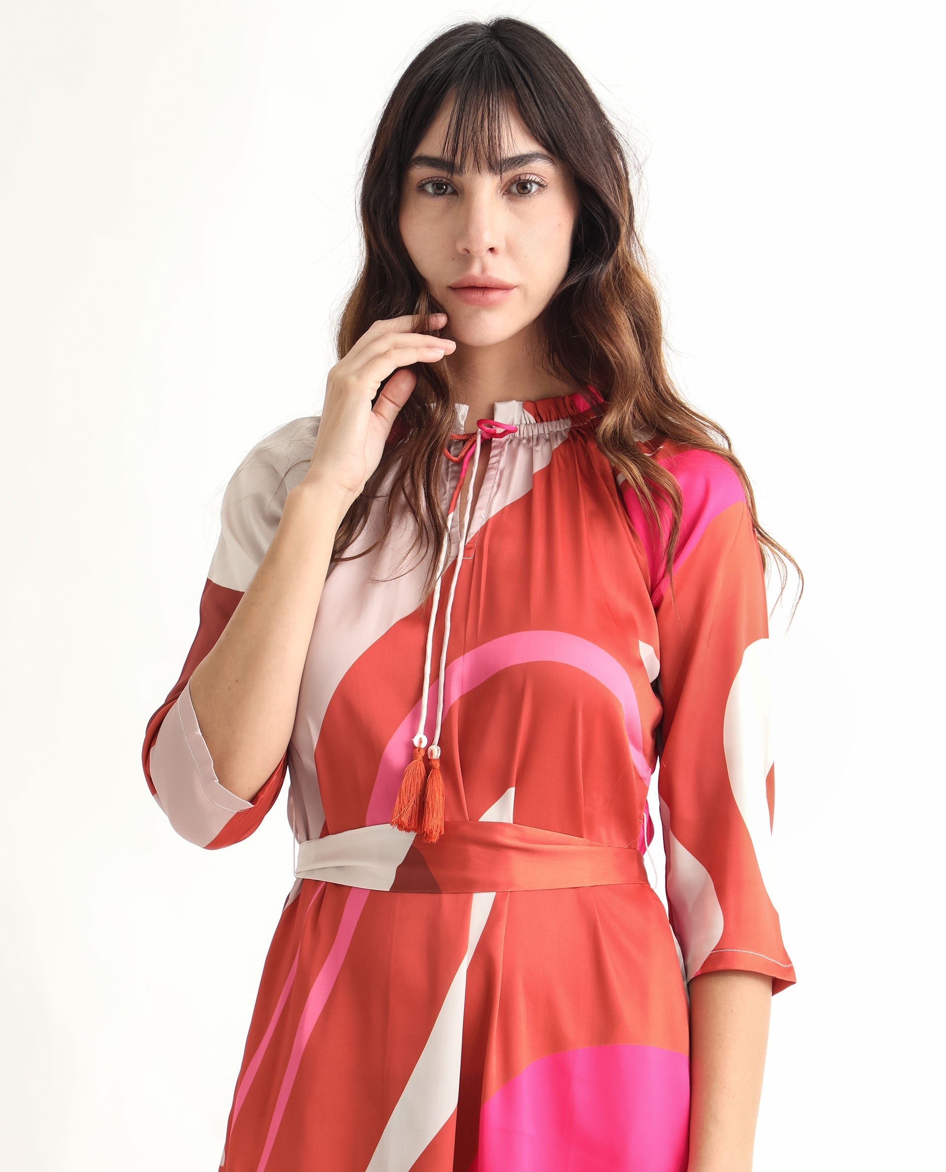 Rareism Women Hughes Light Multi Polyester Fabric Short Sleeves Drawstring Closure Tie-Up Neck Regular Fit Abstract Print Knee Length Asymmetric Dress
