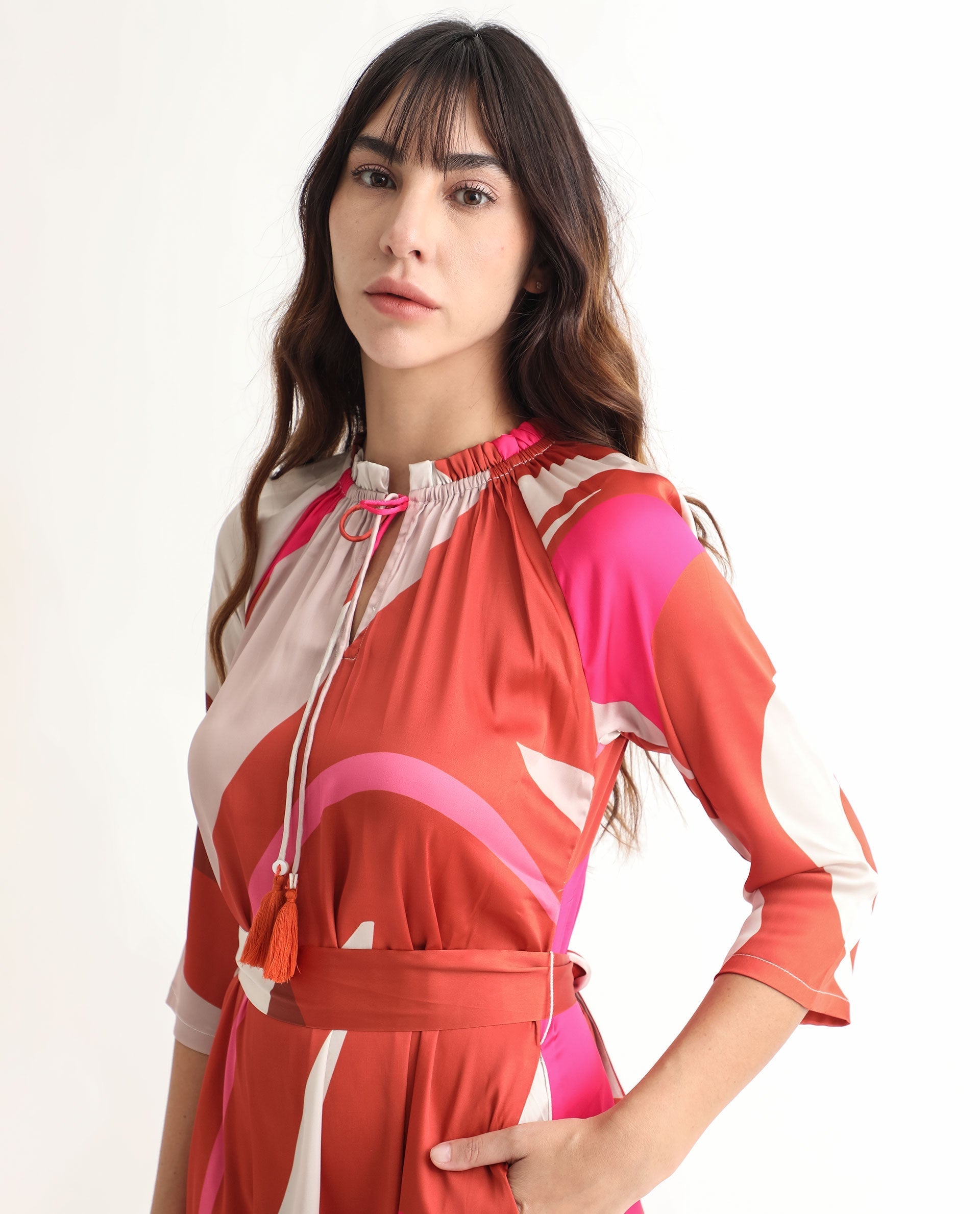 Rareism Women Hughes Light Multi Polyester Fabric Short Sleeves Drawstring Closure Tie-Up Neck Regular Fit Abstract Print Knee Length Asymmetric Dress