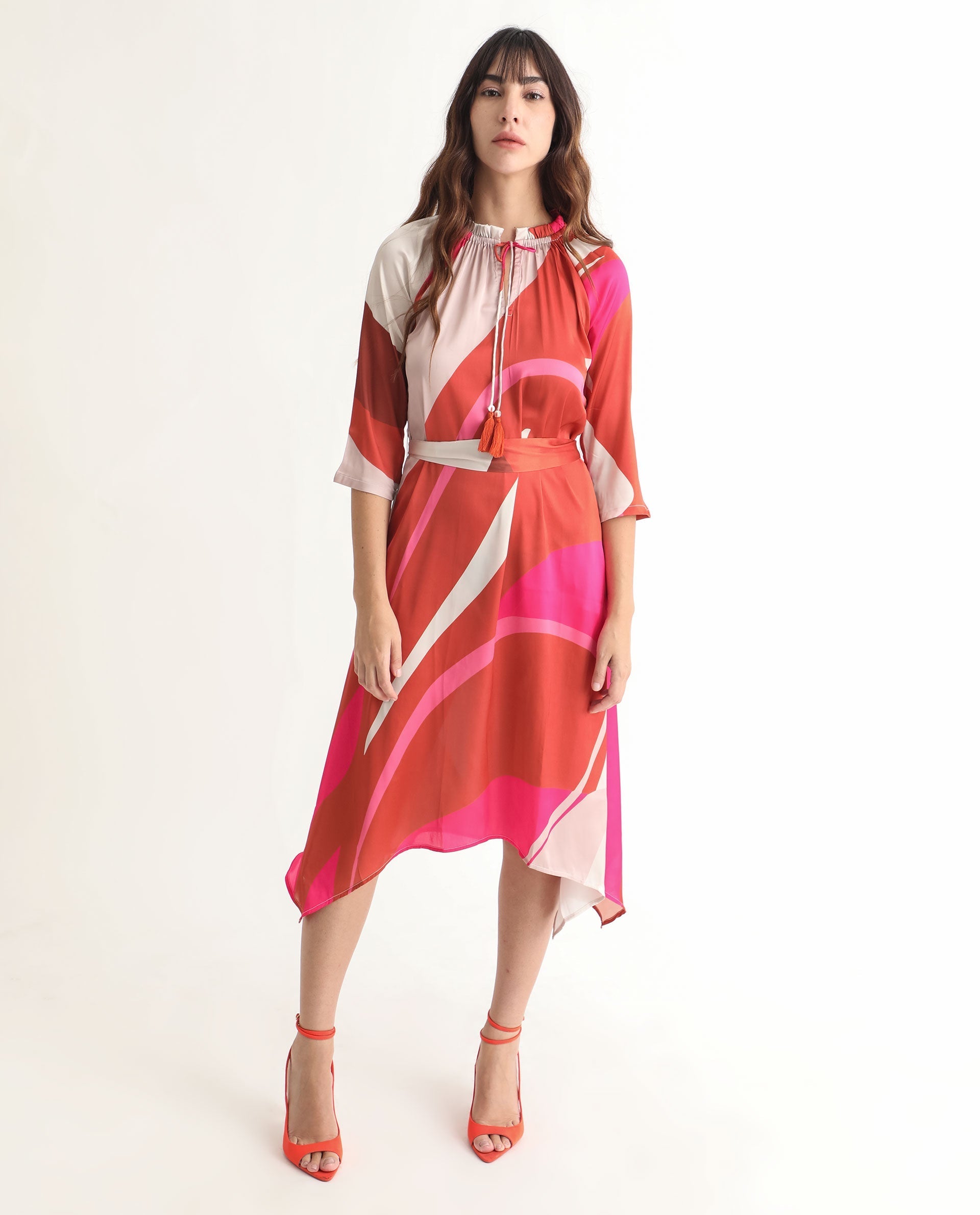 Rareism Women Hughes Light Multi Polyester Fabric Short Sleeves Drawstring Closure Tie-Up Neck Regular Fit Abstract Print Knee Length Asymmetric Dress