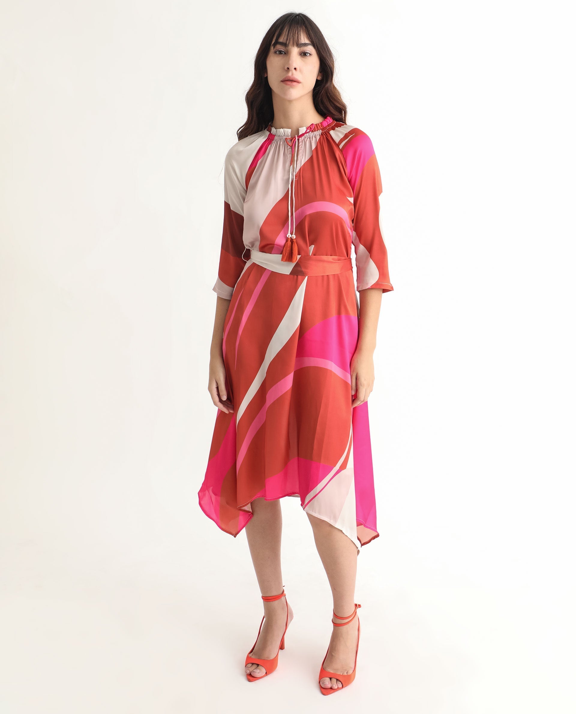 Rareism Women Hughes Light Multi Polyester Fabric Short Sleeves Drawstring Closure Tie-Up Neck Regular Fit Abstract Print Knee Length Asymmetric Dress
