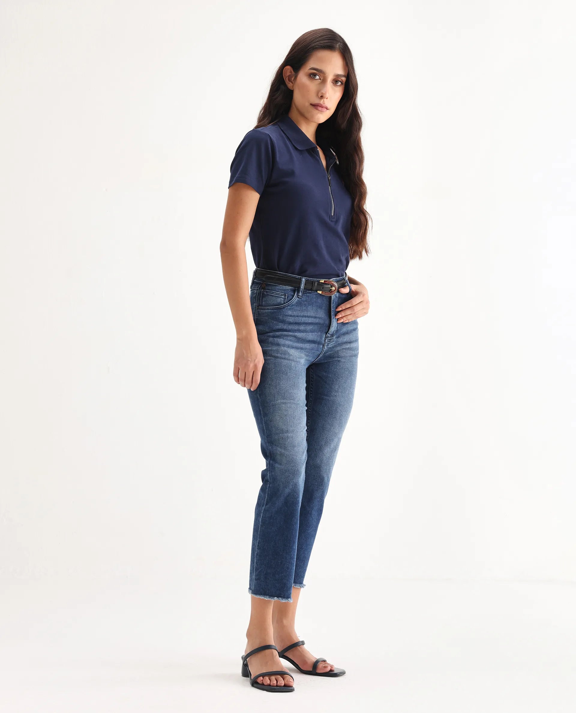 Rareism Women's Slim Fit Denim Cotton Plain Ankle Length Relaxed Fit Jeans