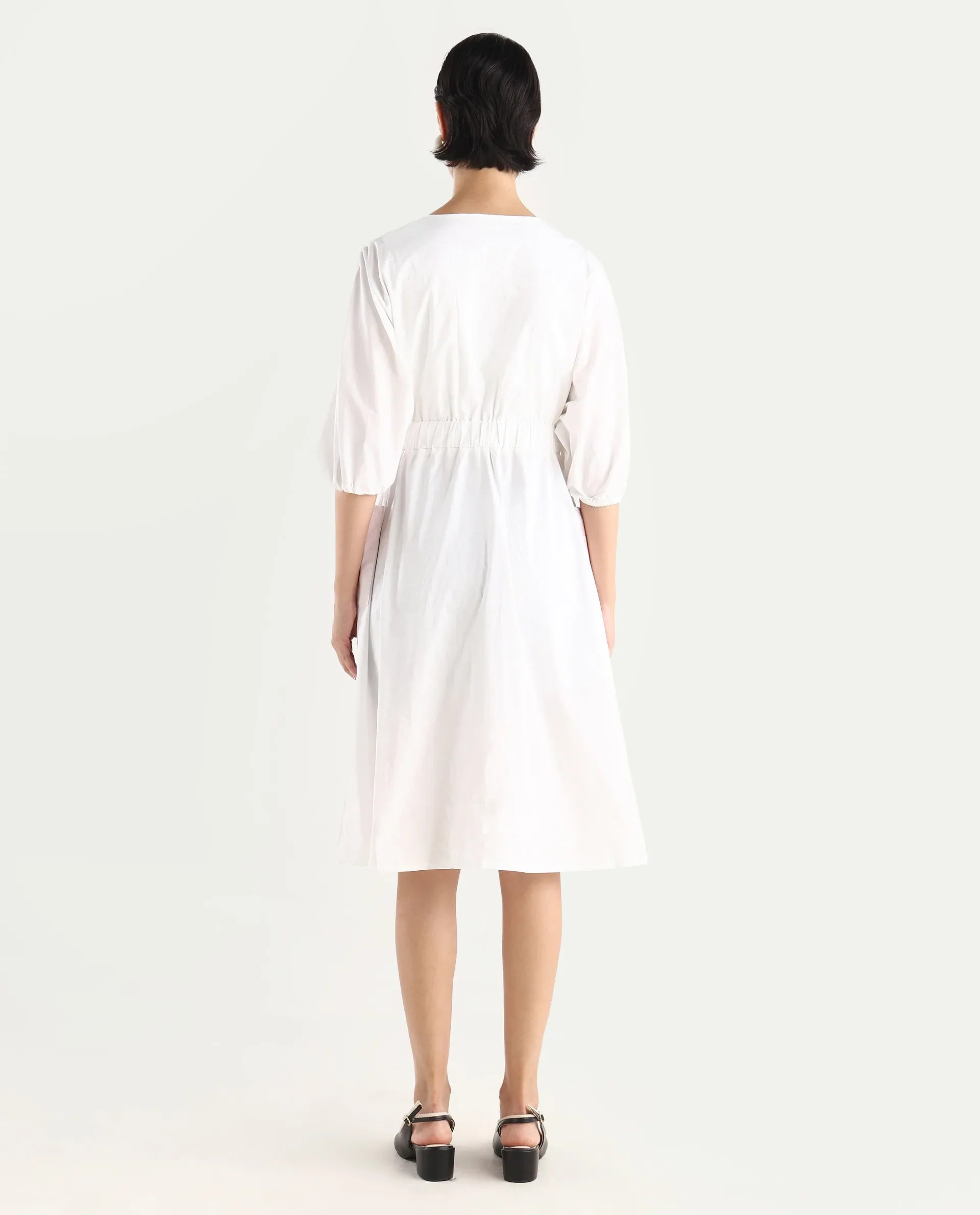 Rareism Women's Huibv White Cotton Blend Crew Neck Plain Bishop Sleeve Knee Length Fit And Flare Dress
