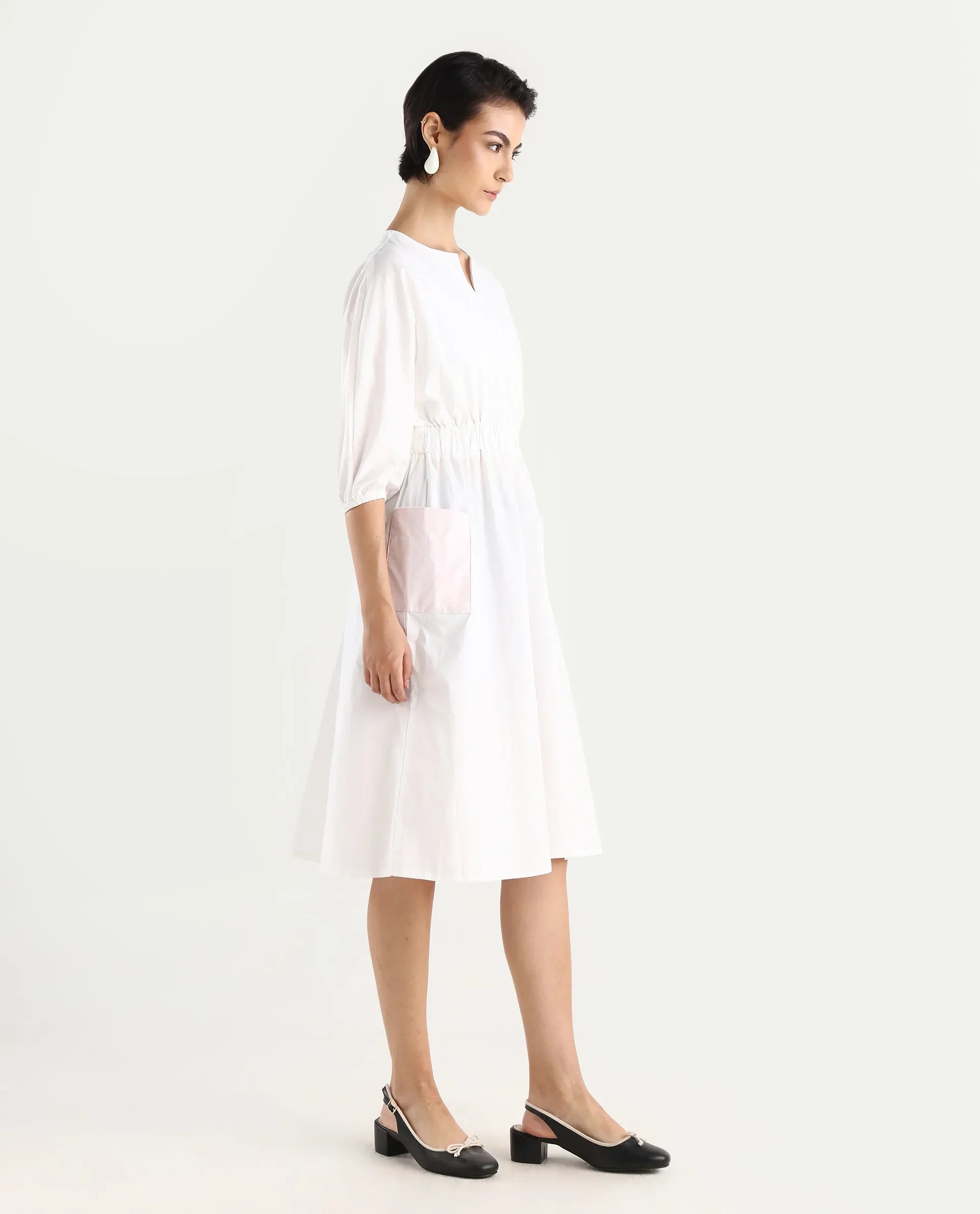 Rareism Women's Huibv White Cotton Blend Crew Neck Plain Bishop Sleeve Knee Length Fit And Flare Dress
