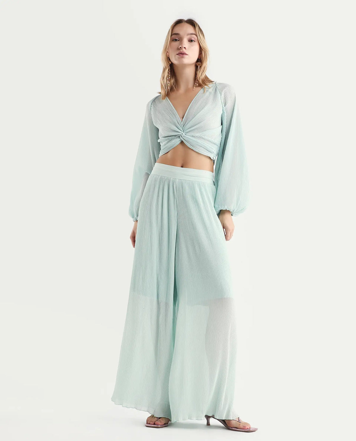 Rareism Women's Humphre-B Pastel Green Polyester Plain Ankle Length Flared Trouser