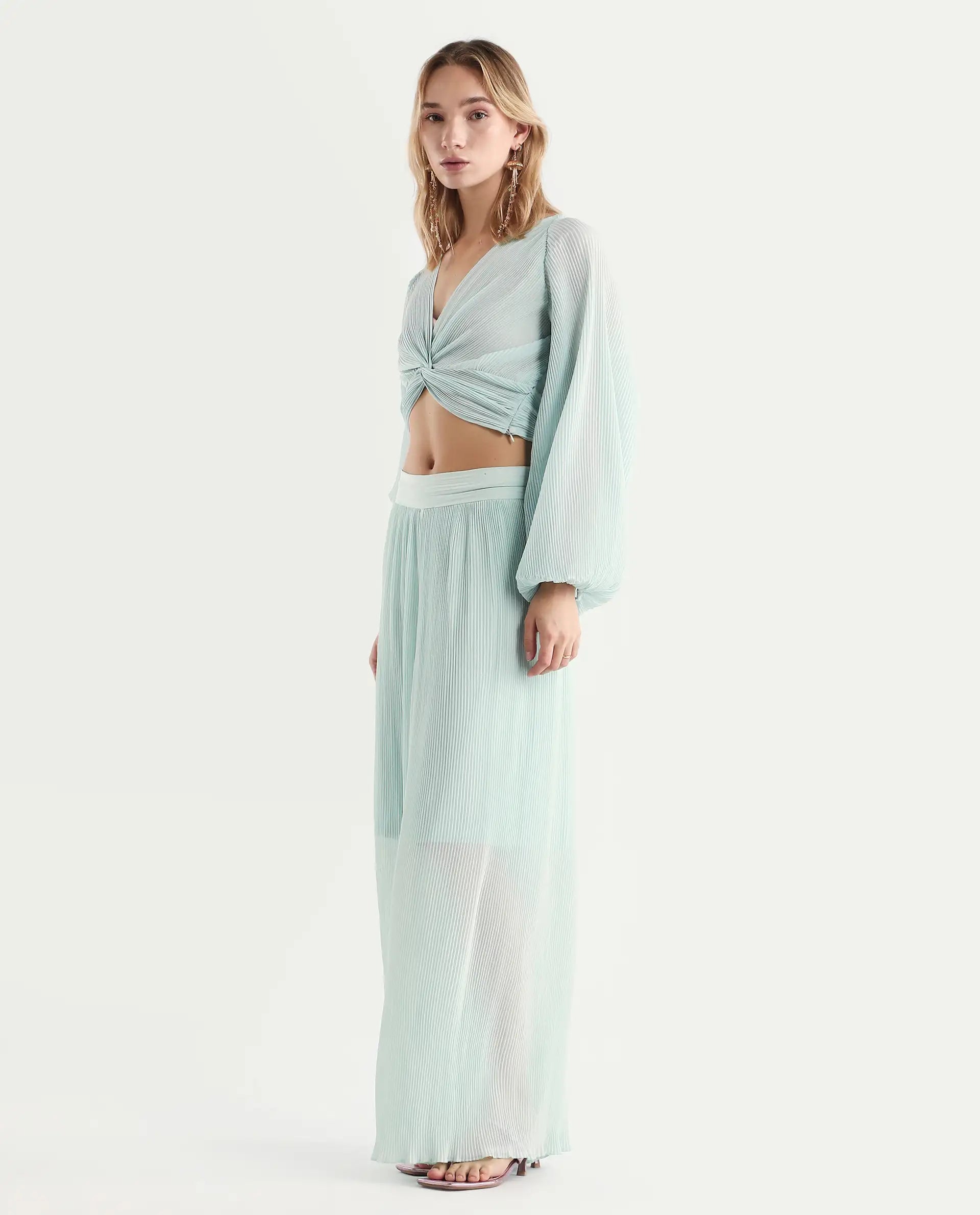 Rareism Women's Humphre-B Pastel Green Polyester Plain Ankle Length Flared Trouser