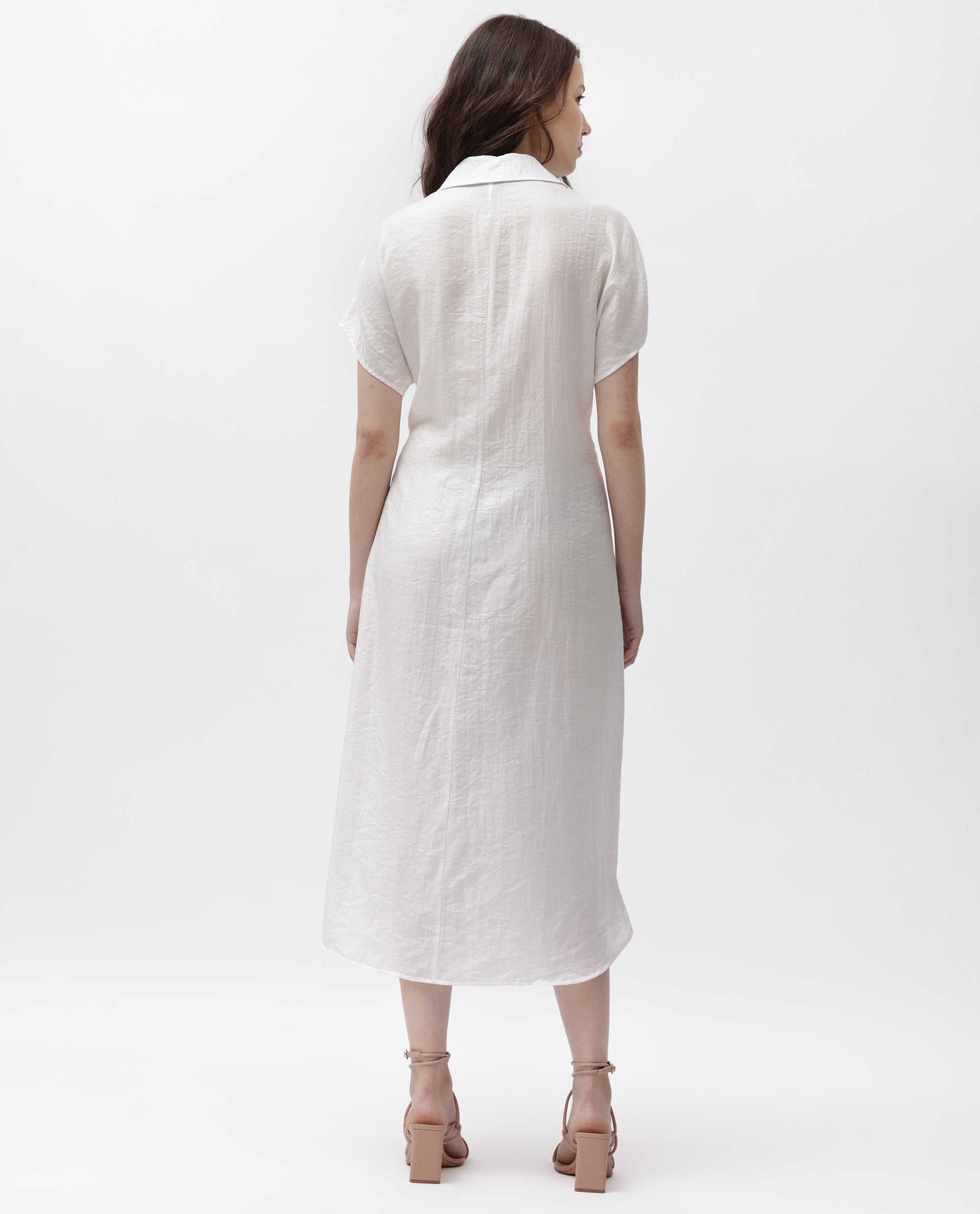 Rareism Women's Husen Dark White Polyester Blend Spread Collar Plain Midi Regular Fit Dress