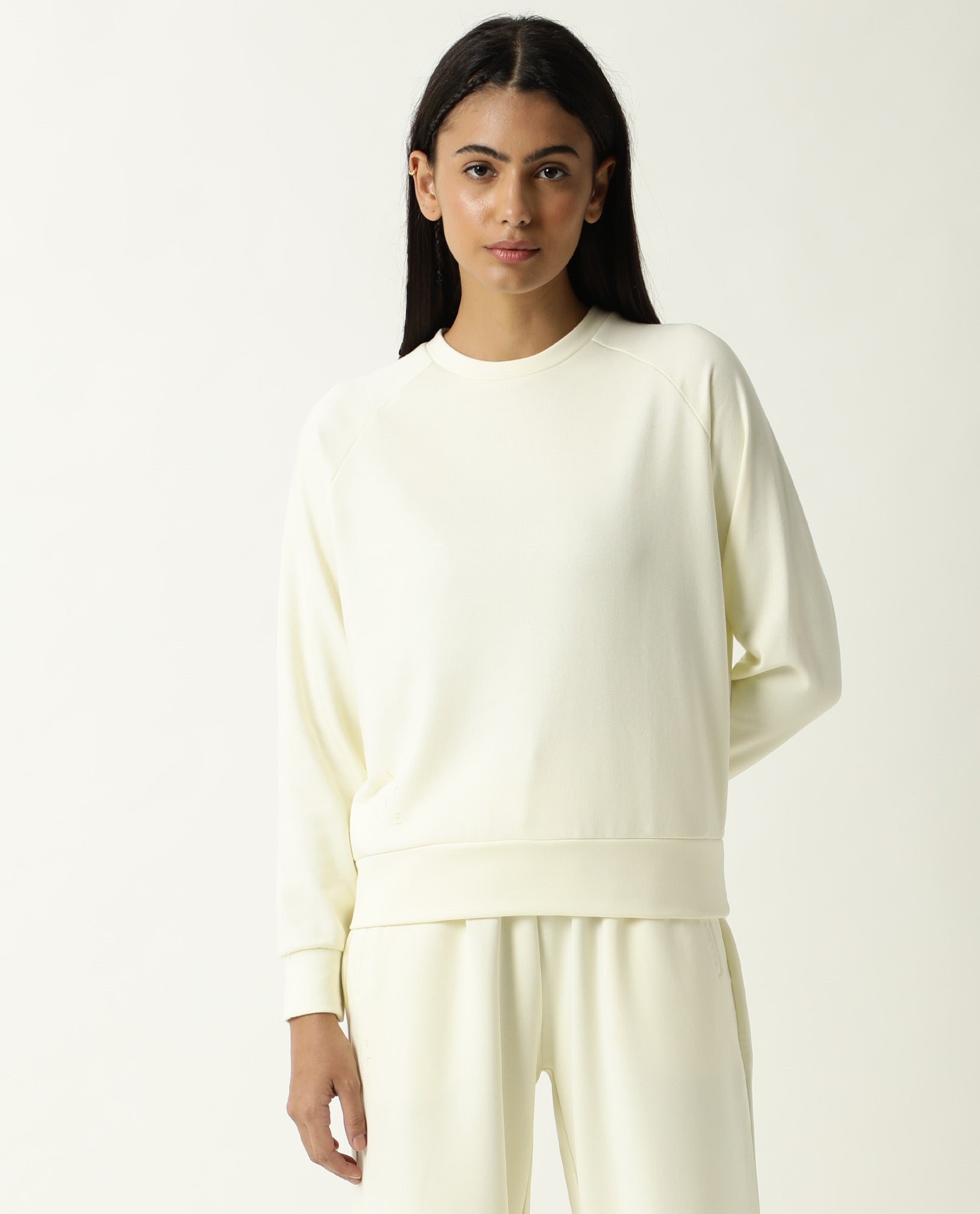 Rareism Women's Medium Weight Terry 290 Gsm Cotton Blend Crew Neck Plain Cuffed Sleeve Relaxed Fit Sweatshirt