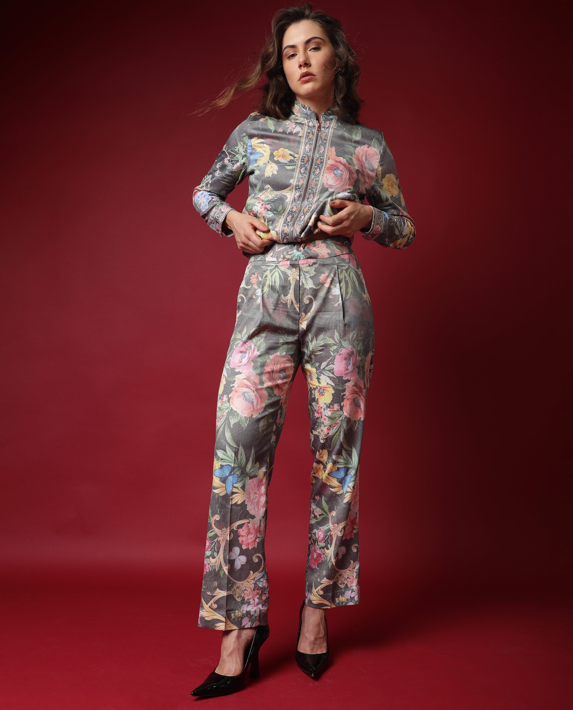 Rareism Women's Montebello Multi Polyester Blend Floral Print Ankle Length Tailored Trouser