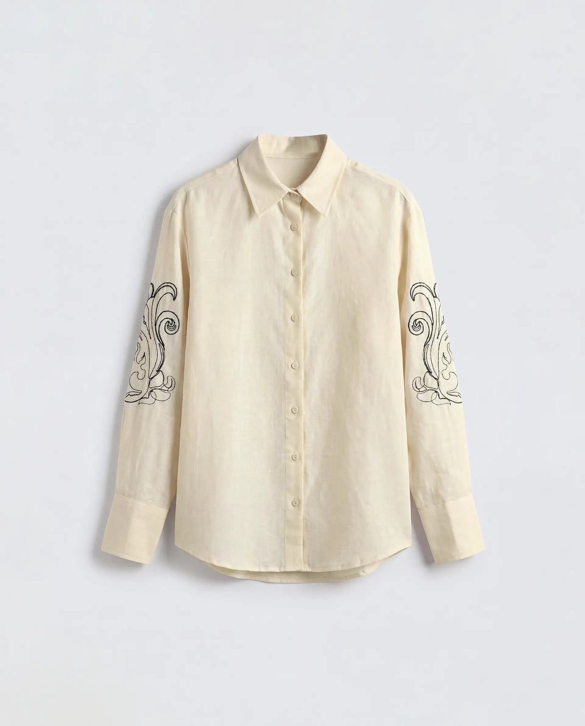 Rareism Women's Kruz Light Beige Linen Spread Collar Relaxed Embroidered Shirt