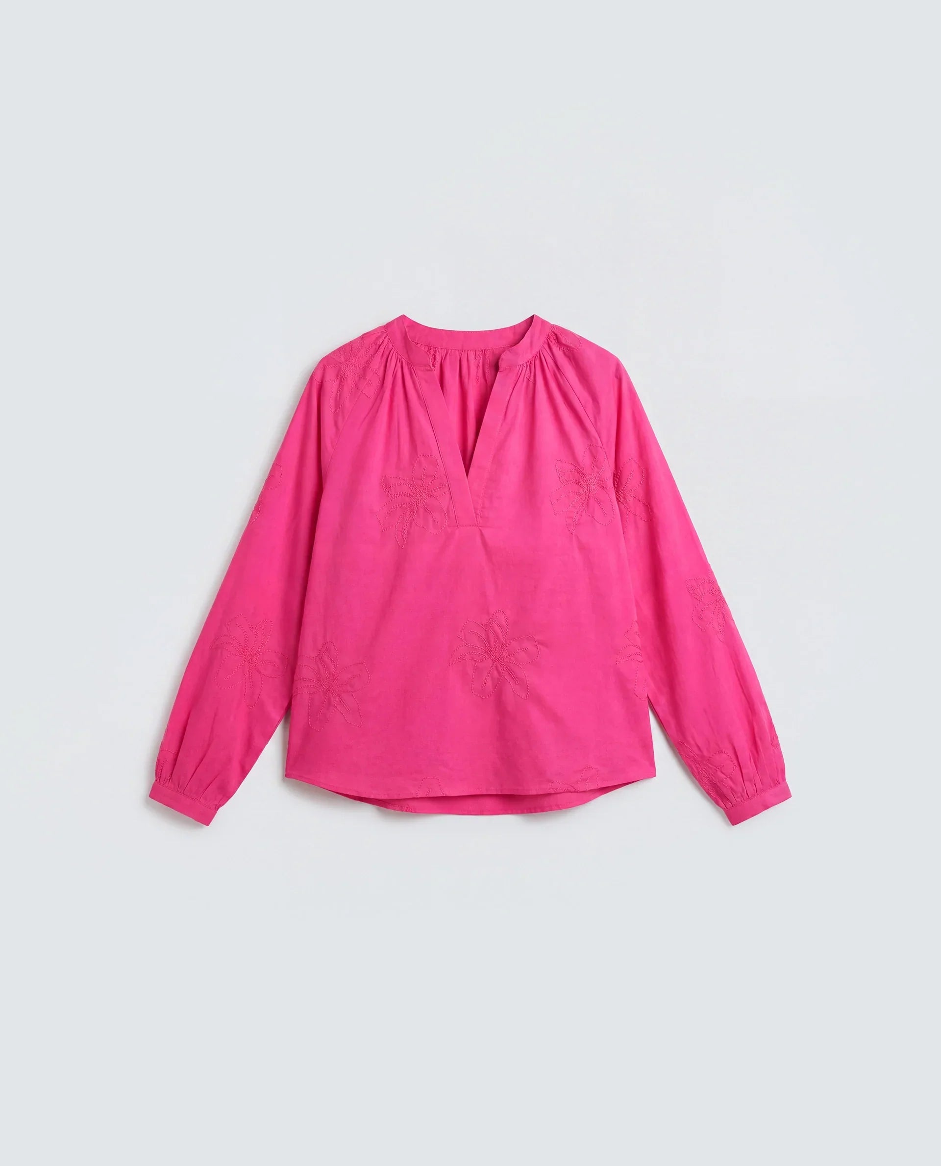 Rareism Women's Mabzi Pink Cotton Blend Full Sleeve Mandarin Collar Regular Embroidered Top