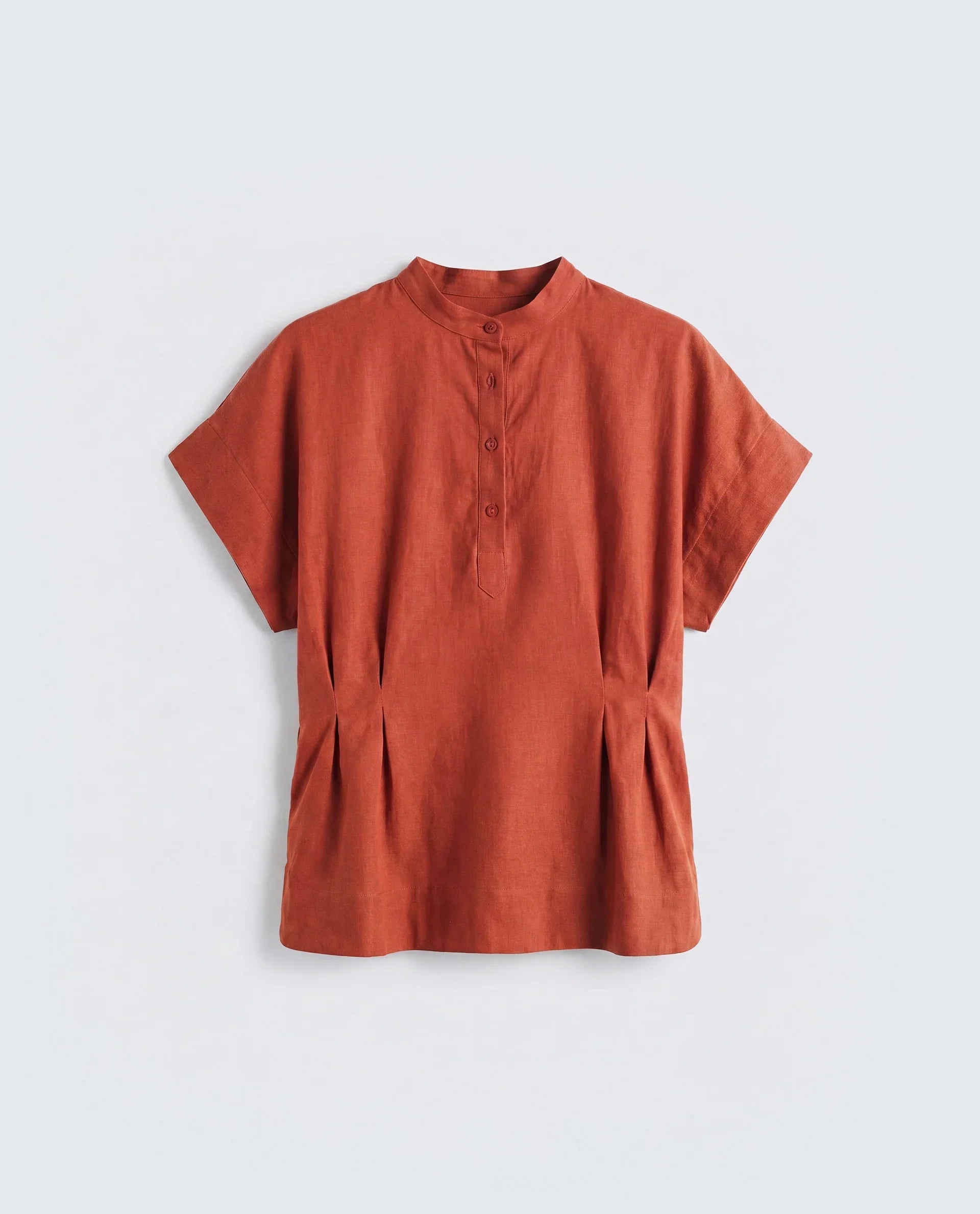 Rareism Women's Mappy-T Rust Linen Half Sleeve Mandarin Collar Relaxed Top