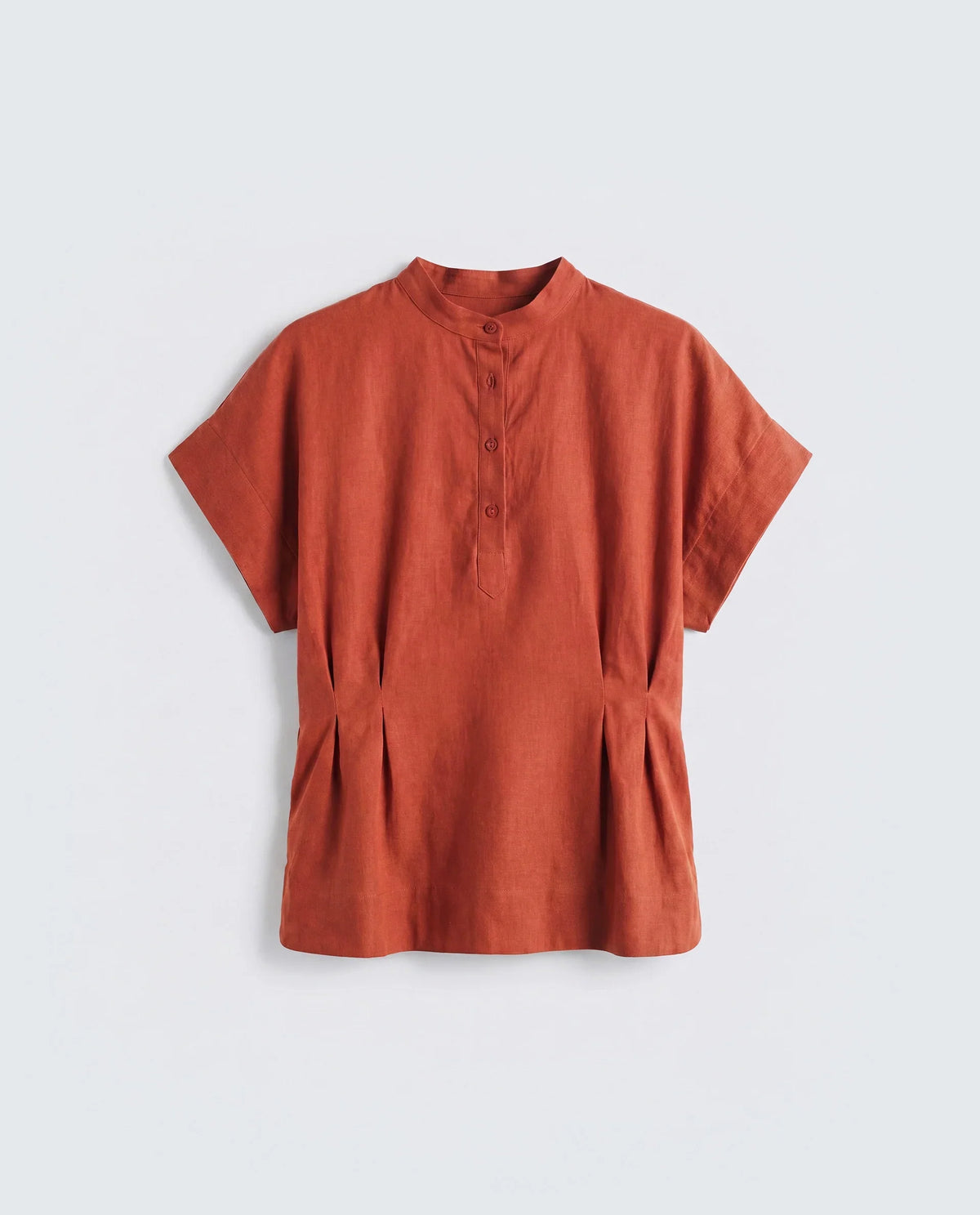 Rareism Women's Mappy-T Rust Linen Half Sleeve Mandarin Collar Relaxed Top
