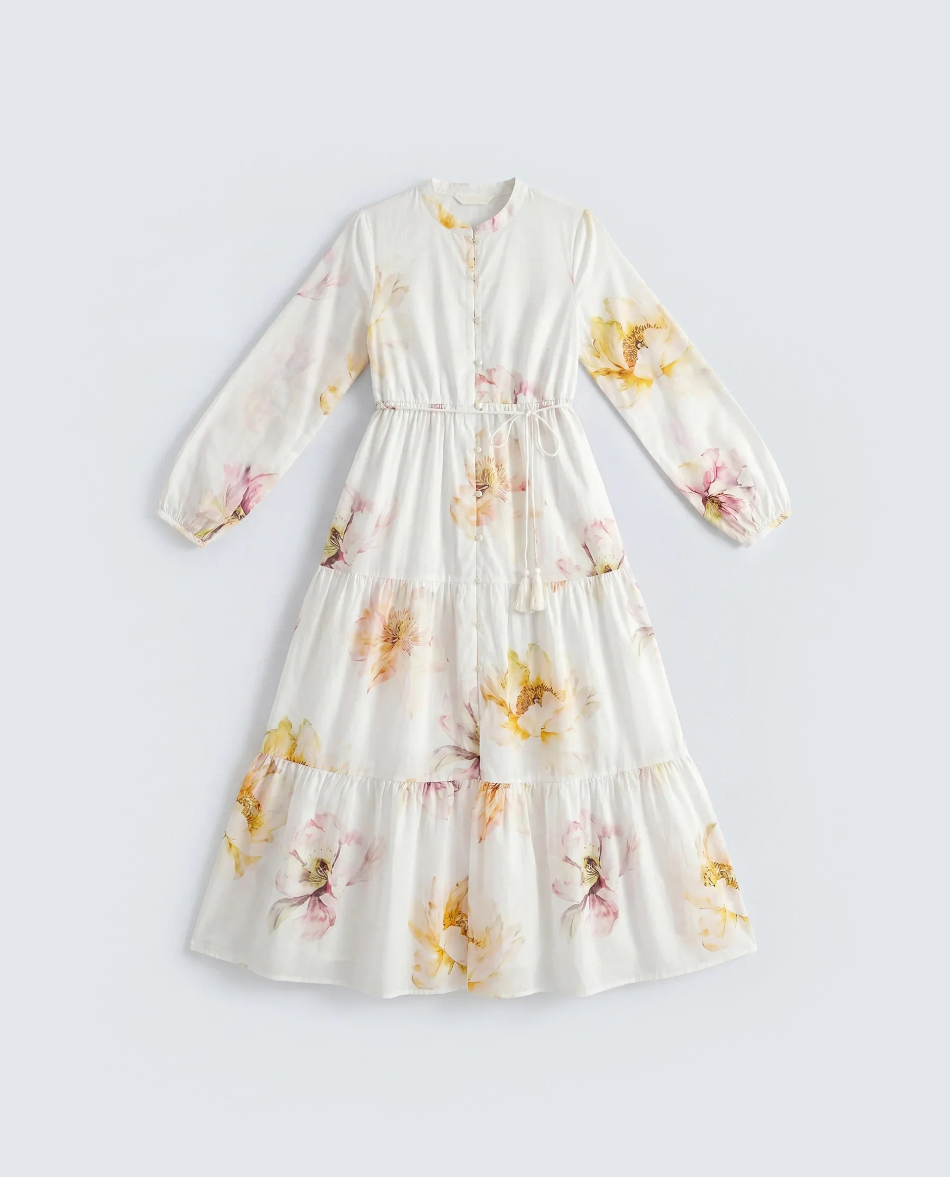 Rareism Women's Mehik Off White Cotton Full Sleeve Mandarin Collar Tiered Floral Print Dress