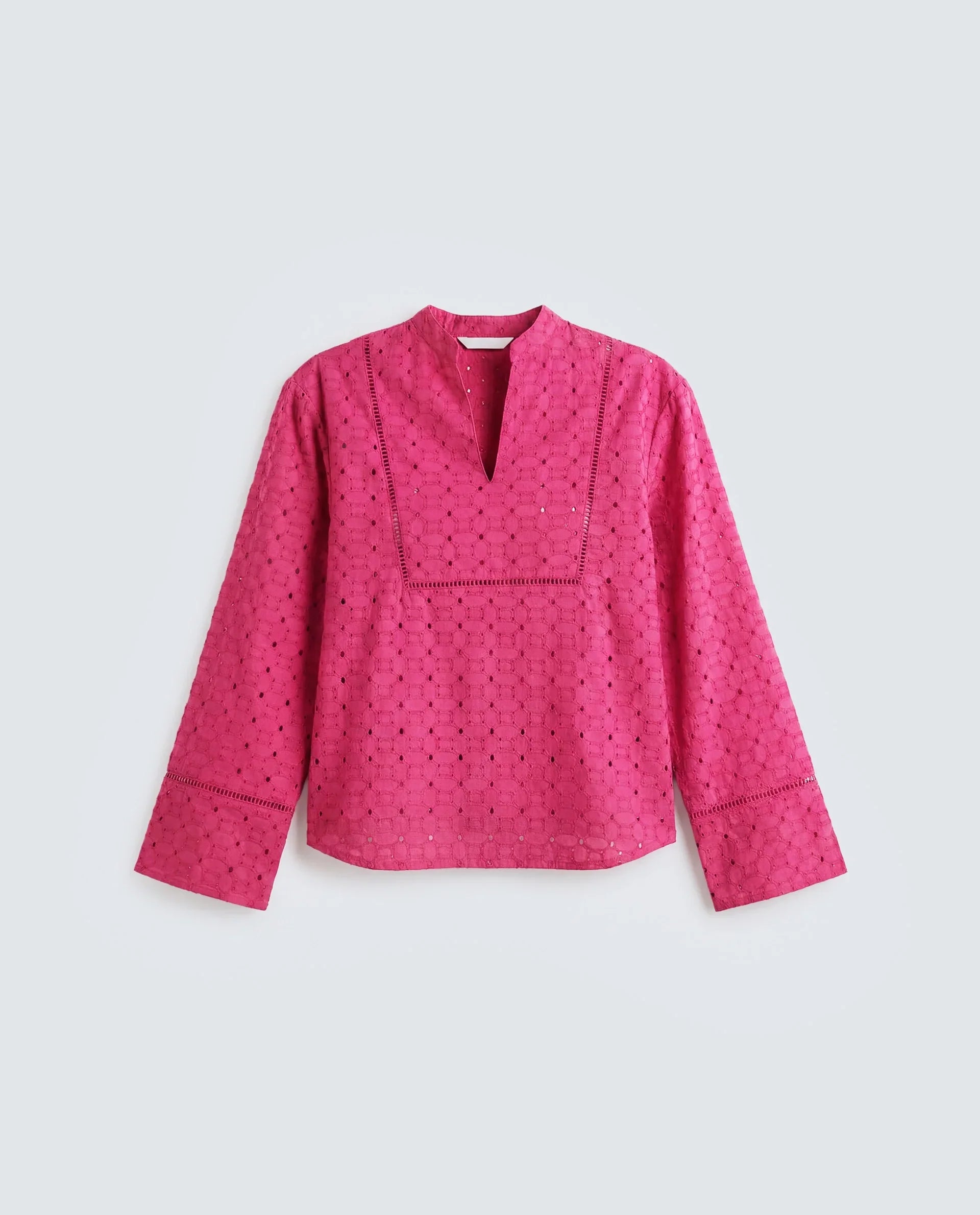 Rareism Women's Monet Pink Cotton Full Sleeve Mandarin Collar Regular Schiffli Top