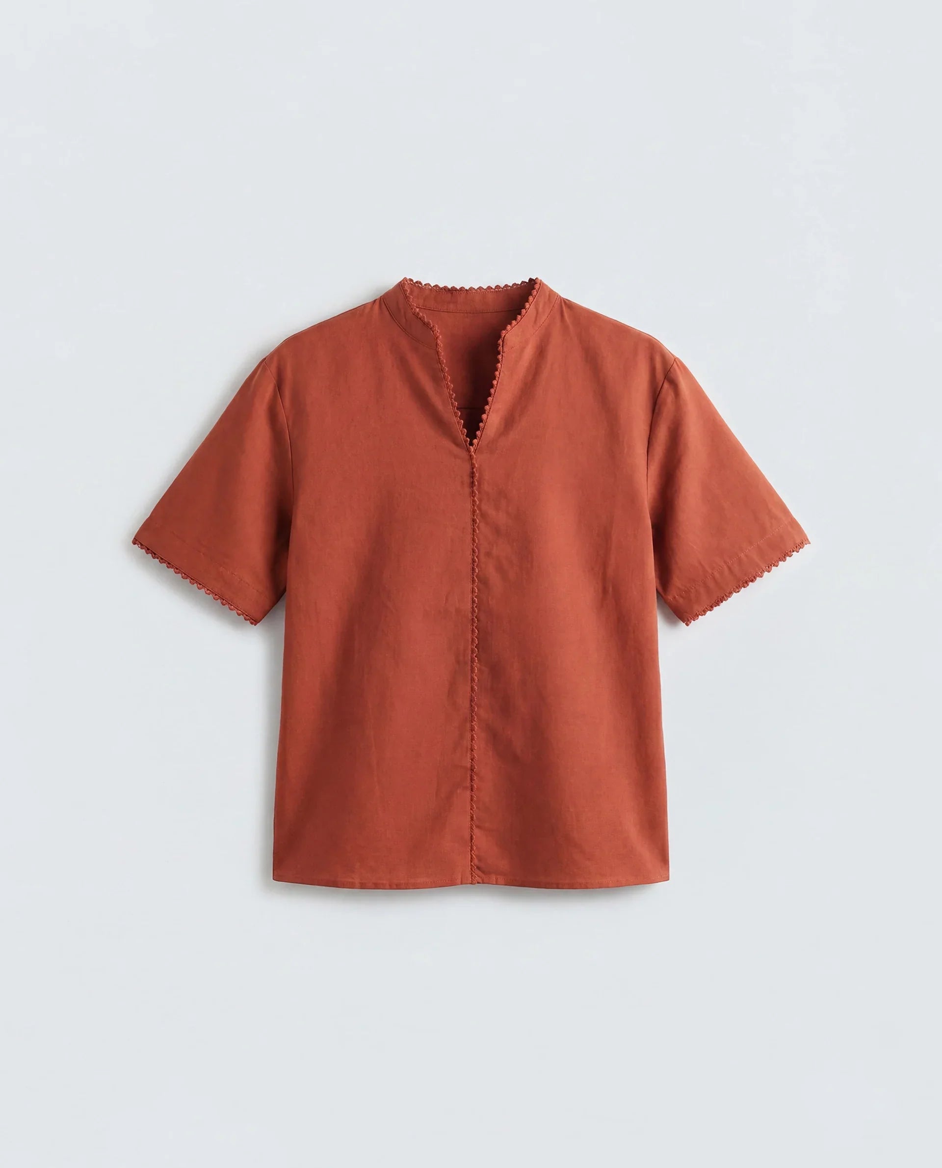 Rareism Women's Mony Rust Cotton Blend Half Sleeve Mandarin Collar Regular Top