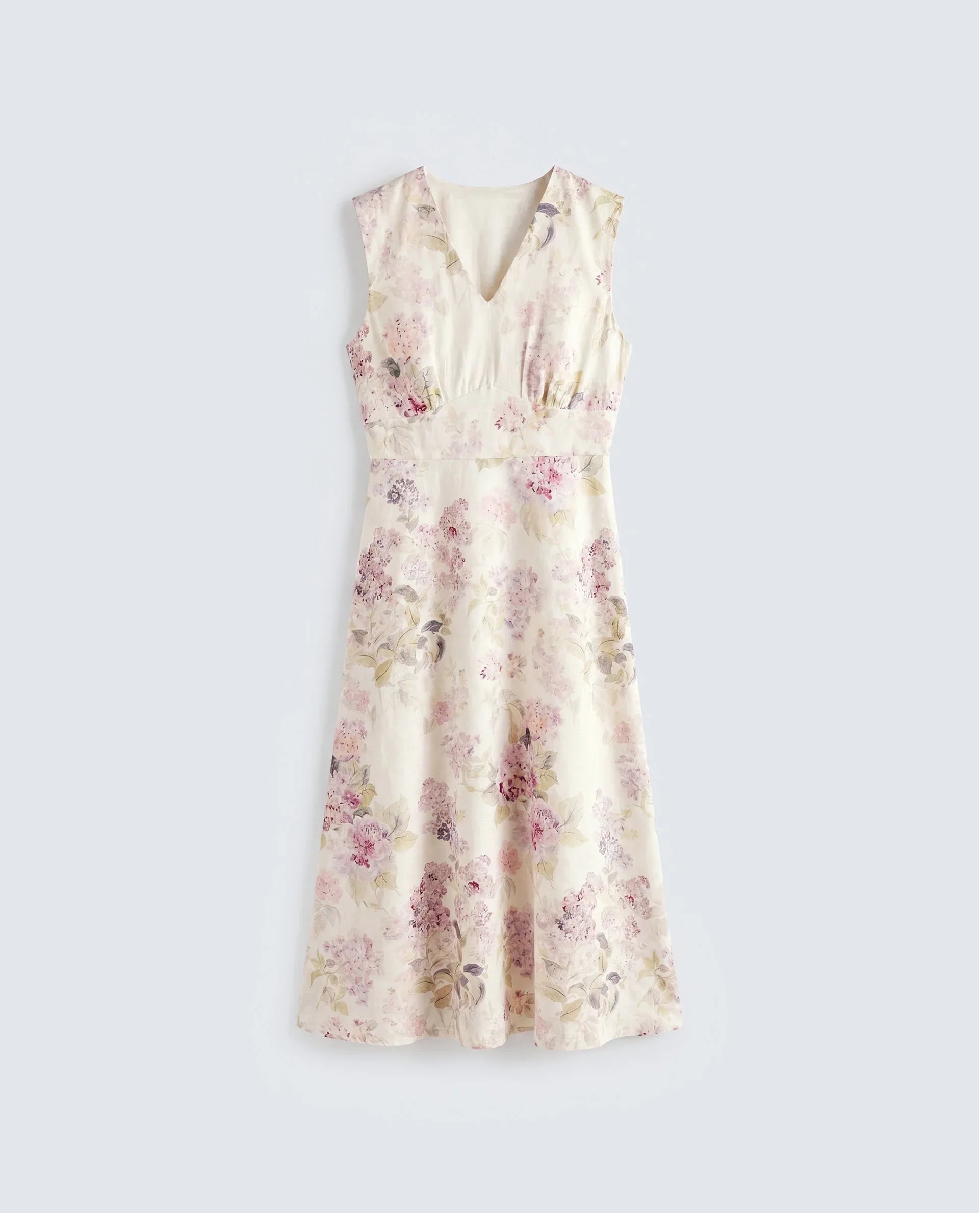 Rareism Women's Rugo Light Beige Cotton V-Neck A-Line Floral Print Dress