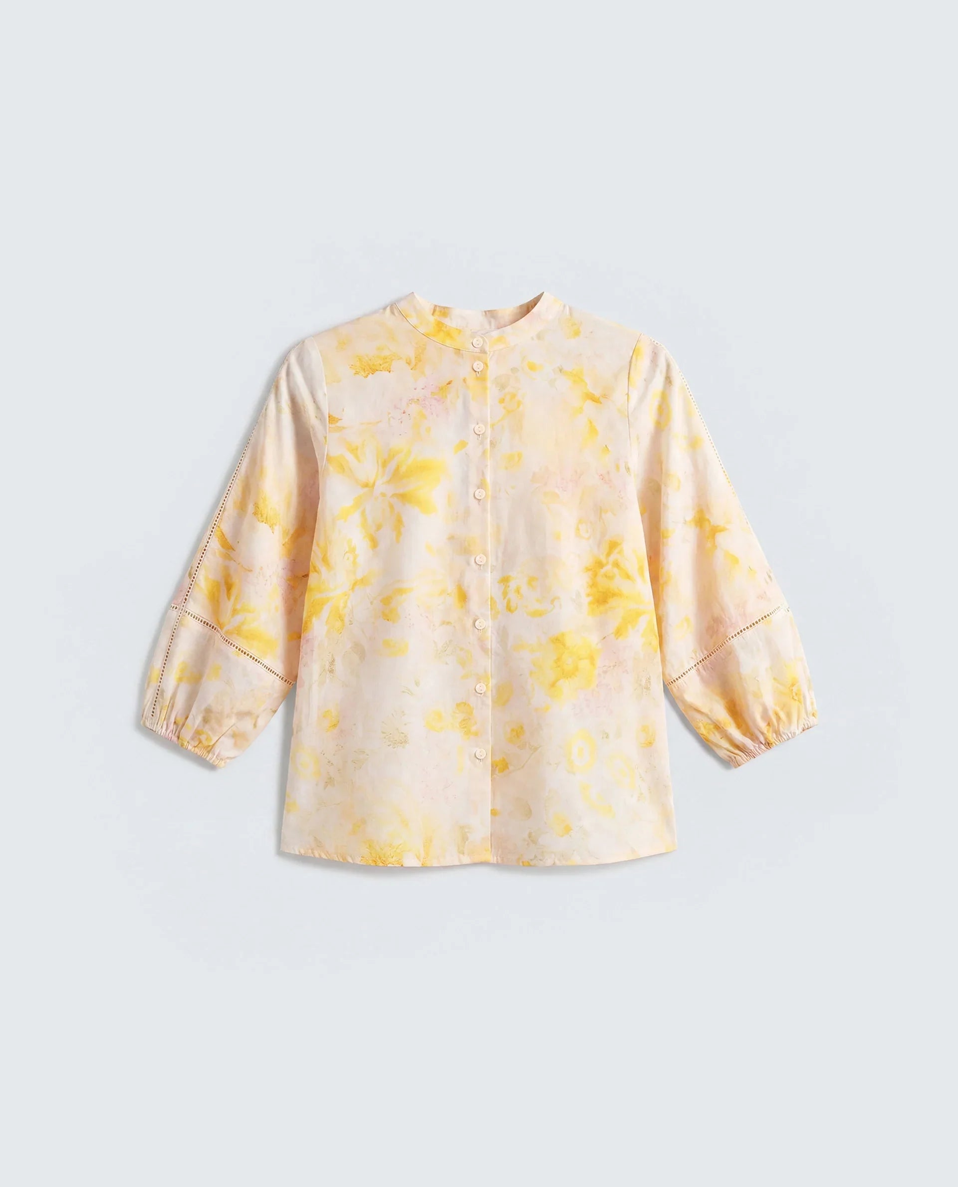 Rareism Women's Runes Yellow Cotton Band Collar Regular Floral Print Top