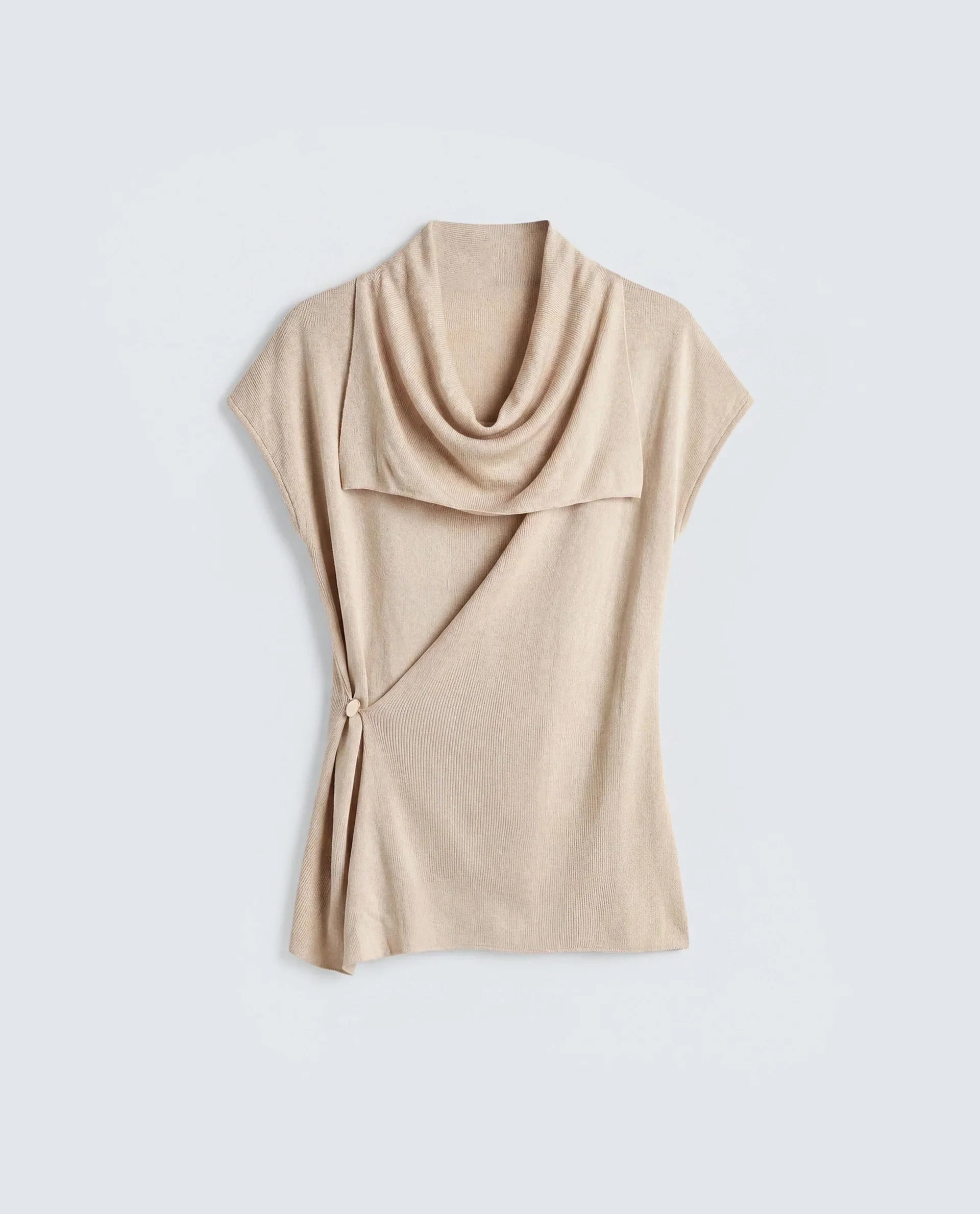 Rareism Women's Star Beige Viscose Blend Half Sleeve Cowl Neck Relaxed Fit Plain Top