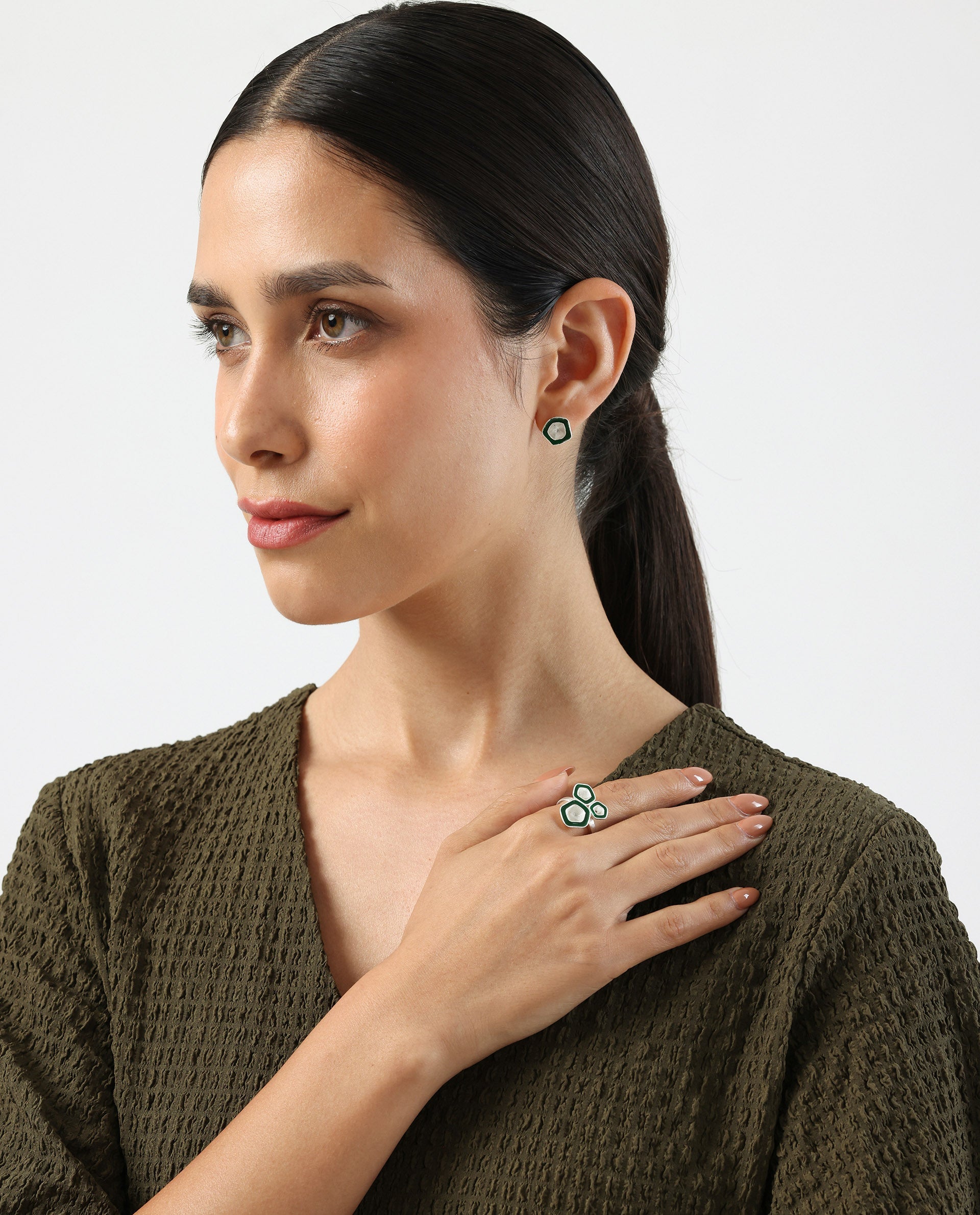 Rareism Women Illusion Green N Silver Ring