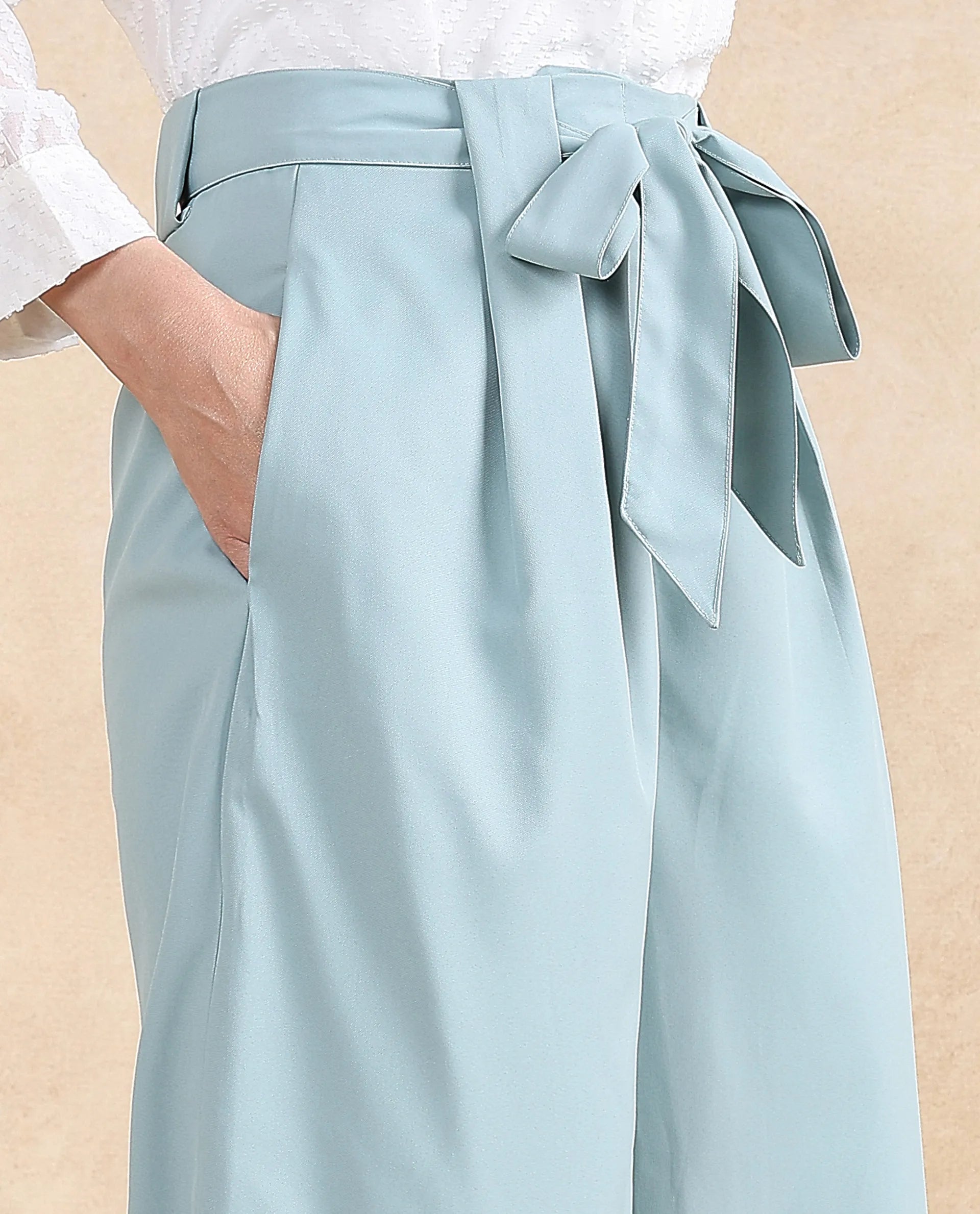 Rareism Women Imany Light Teal Polyester Viscose Fabric Zipper Closure Wide Fit Ankle Length Plain Trouser