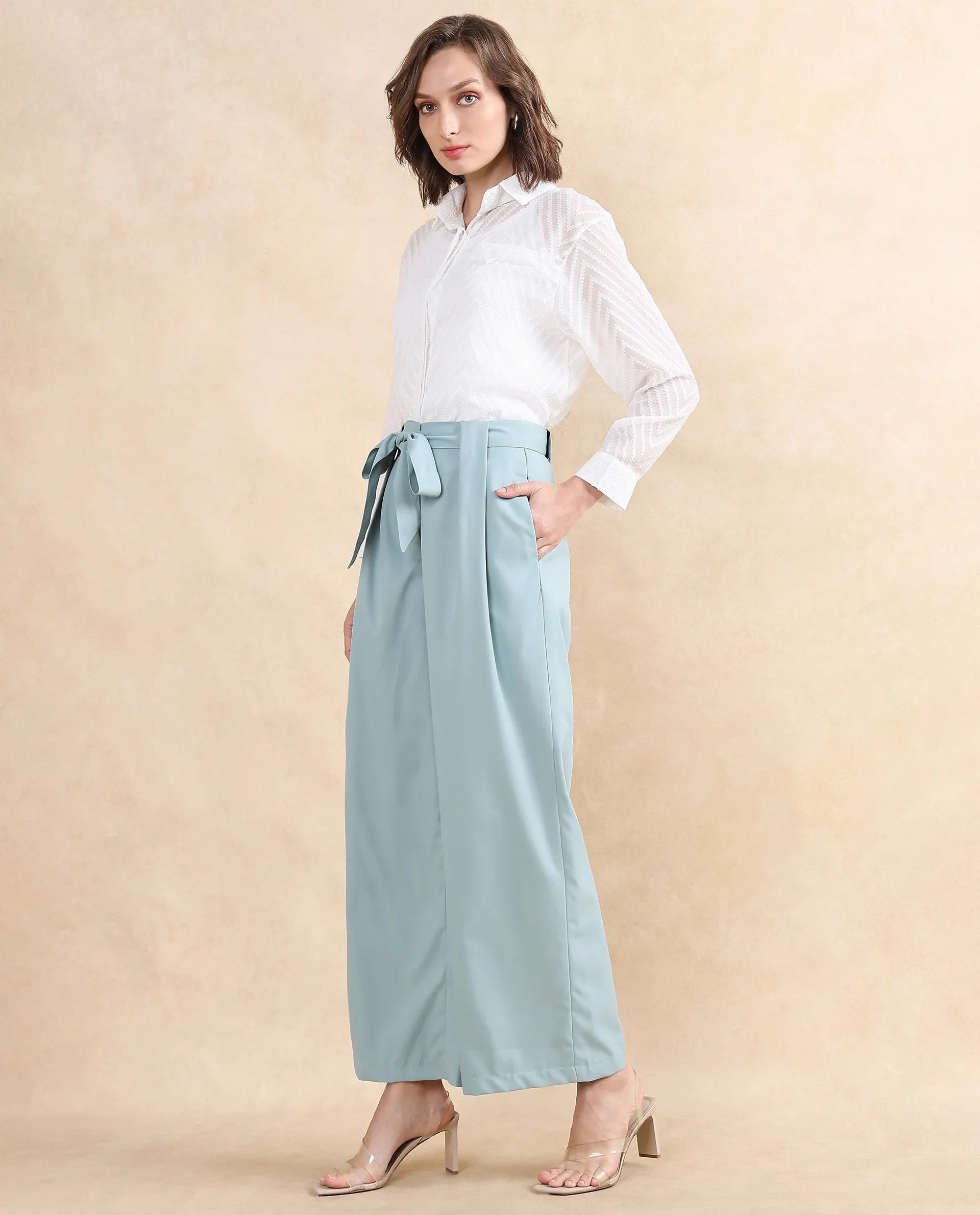 Rareism Women Imany Light Teal Polyester Viscose Fabric Zipper Closure Wide Fit Ankle Length Plain Trouser