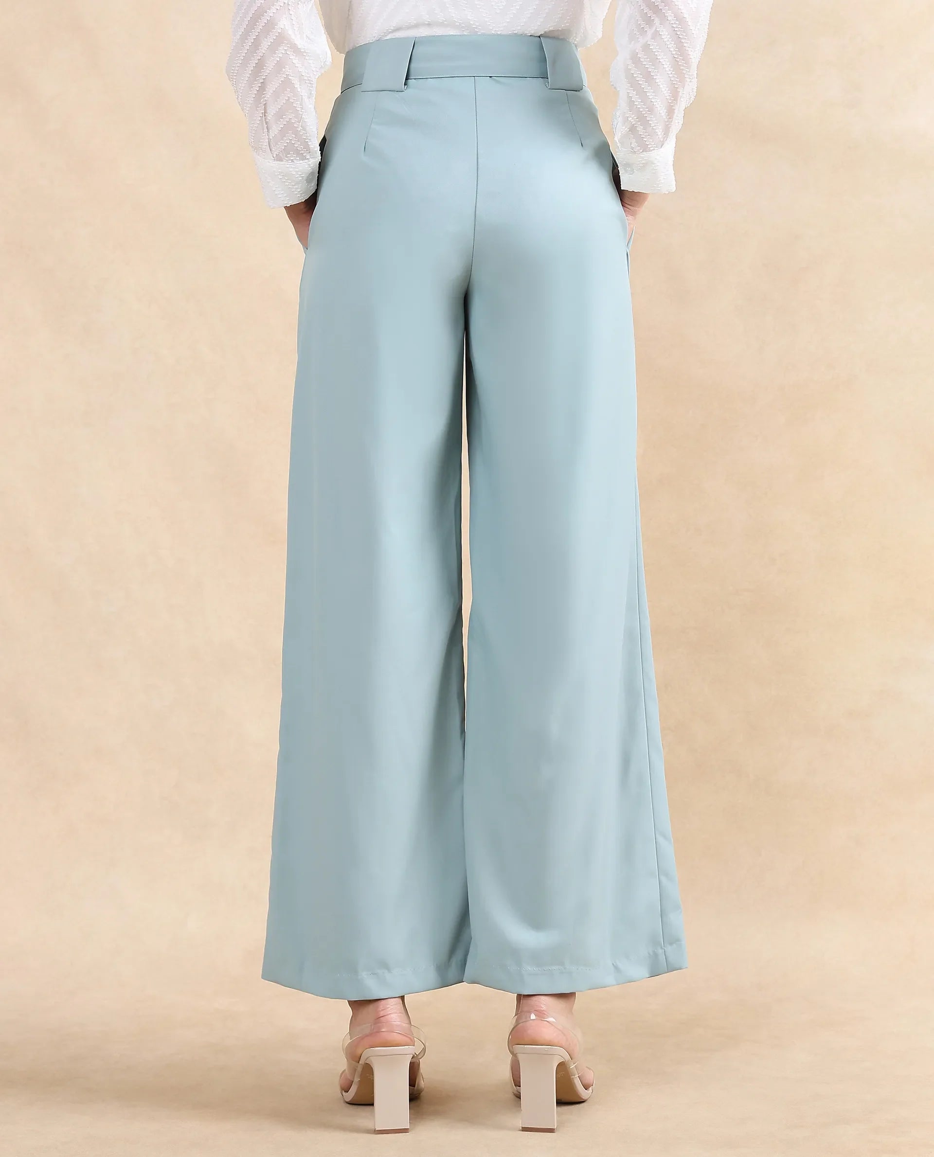 Rareism Women's Imany Light Teal Polyester Blend Plain Ankle Length Wide Trouser