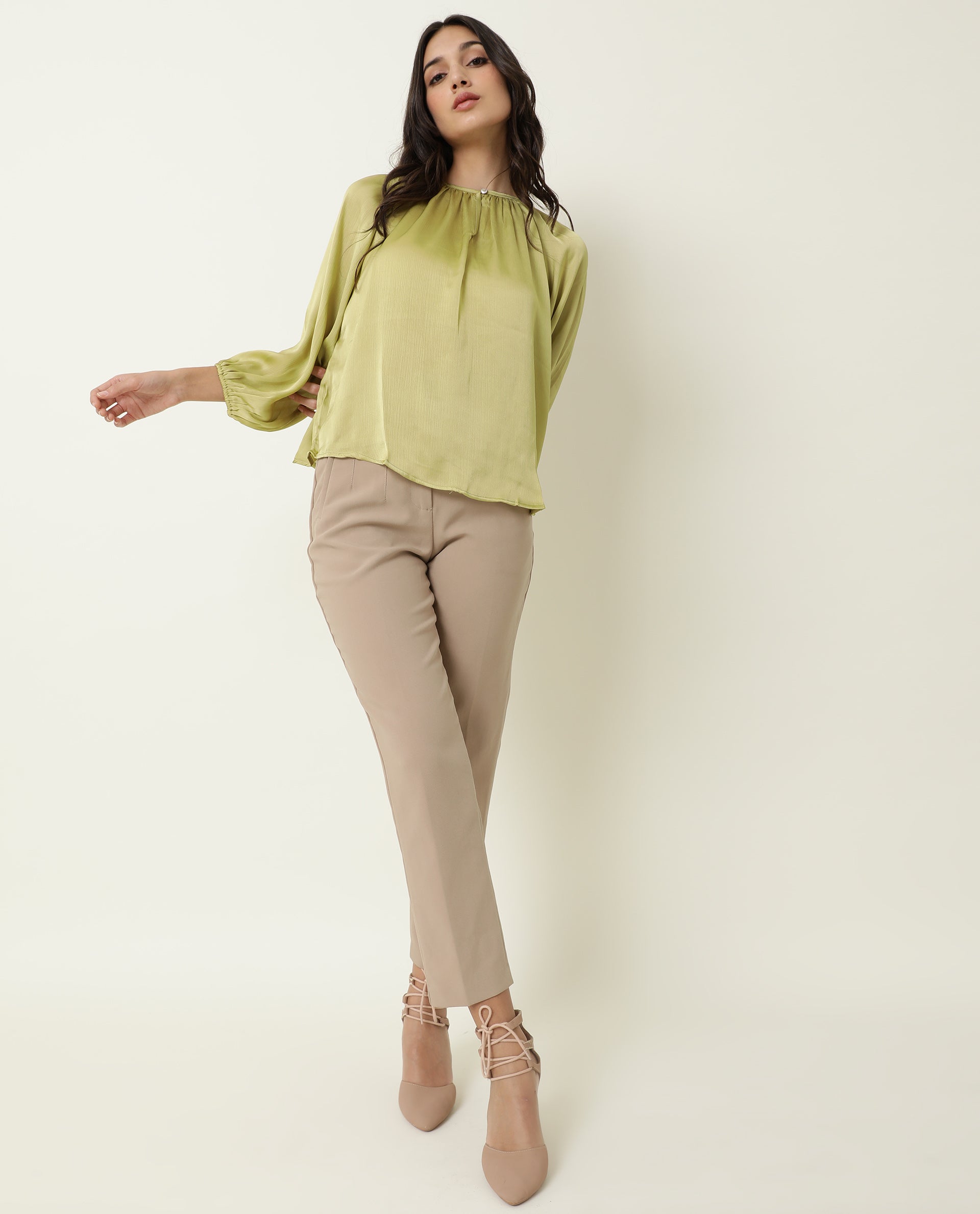 Rareism Womens Fall Green Top Polyester Fabric Full Sleeve Boat Neck