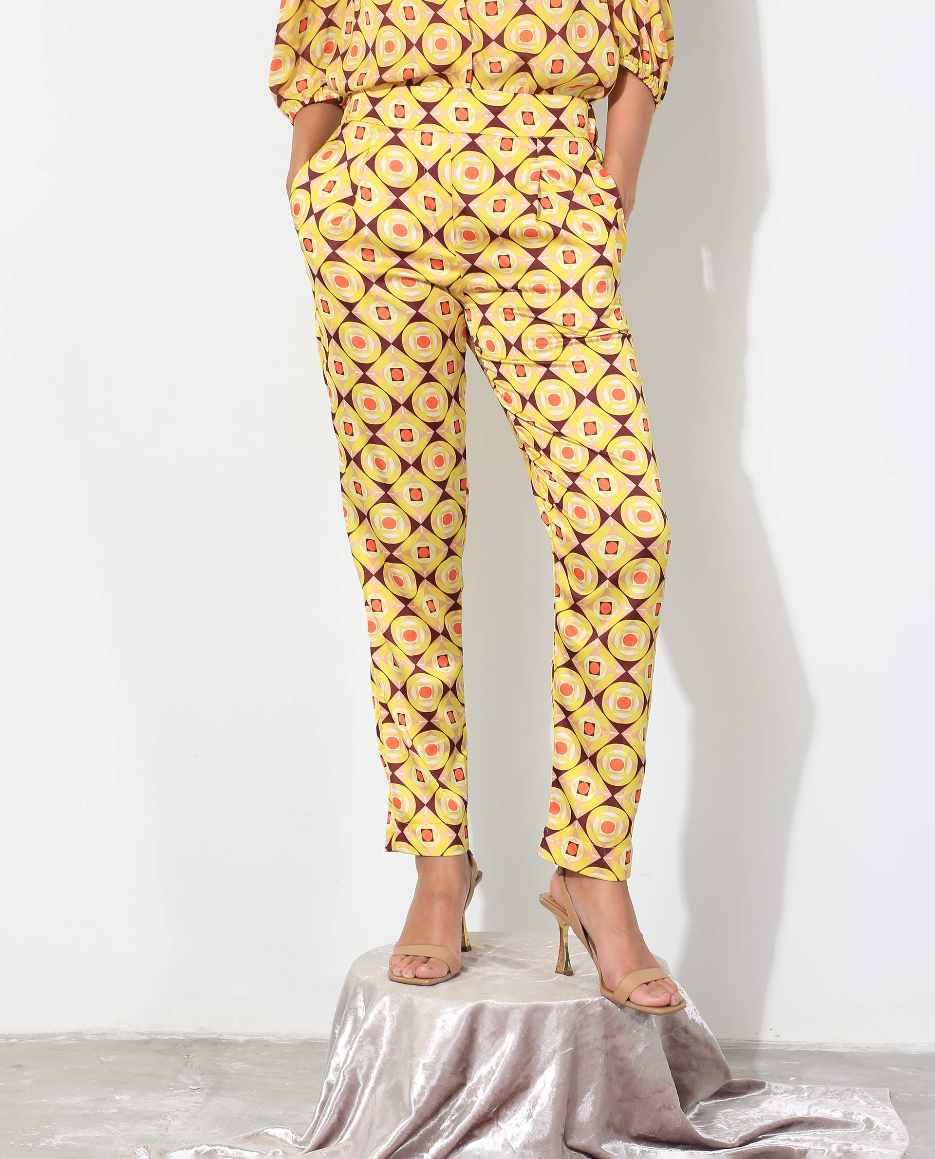 Rareism Women Robbie Yellow Polyester Fabric Regular Fit Geometric Print Ankle Length Trousers