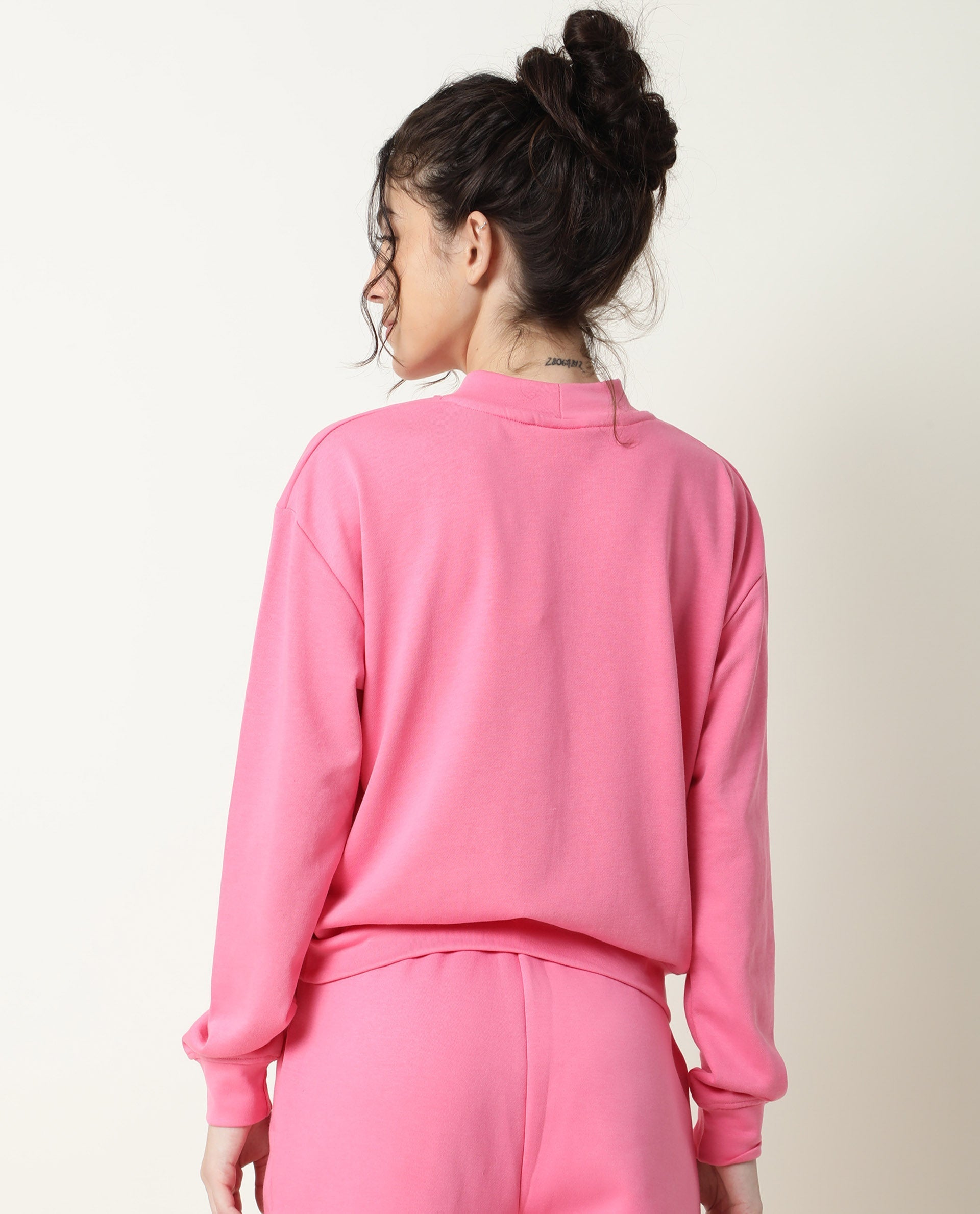 Rareism Women's Necker Pink High Neck Plain Relaxed Fit Sweatshirt