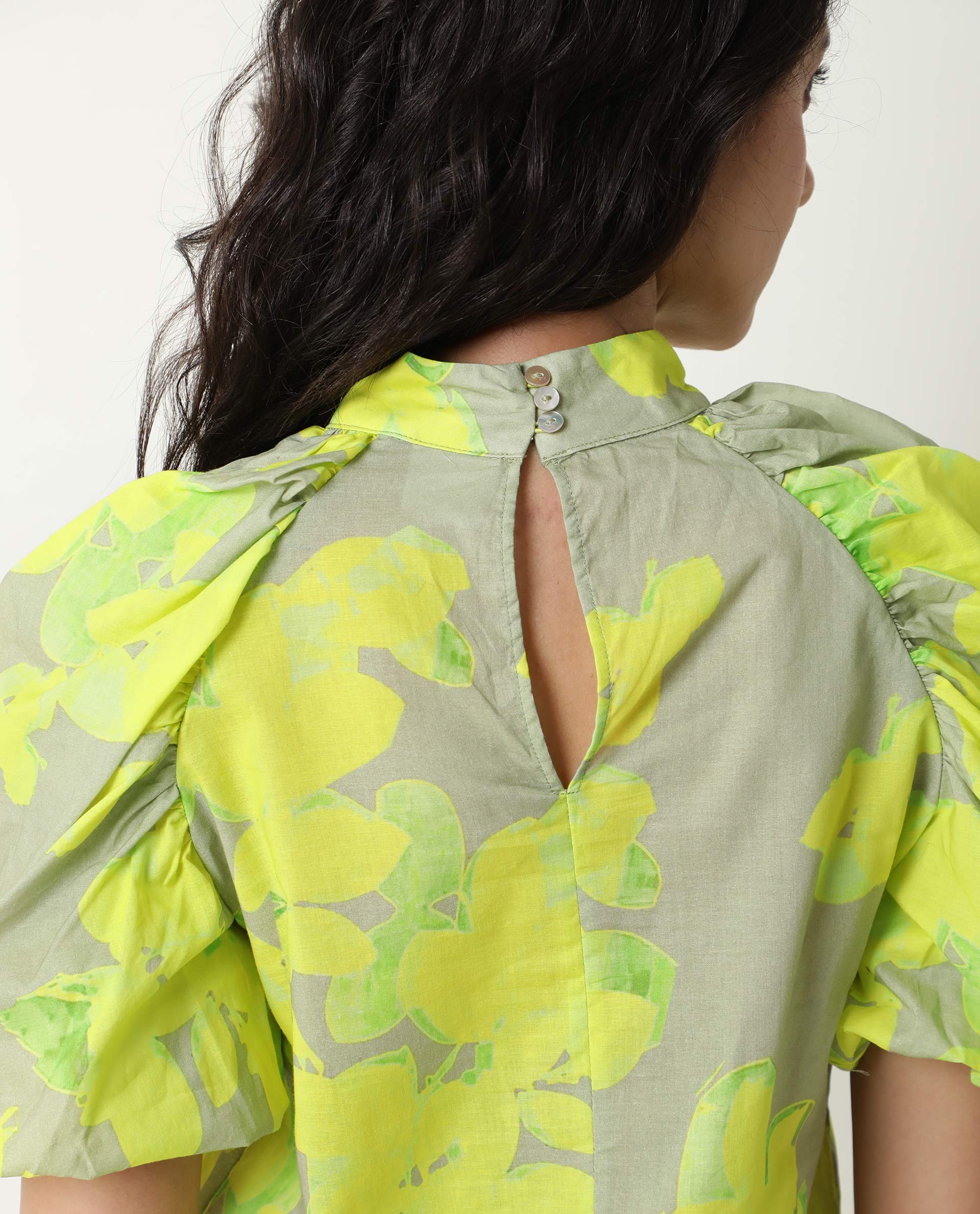 Rareism Women's Lagger Green Cotton High Neck Abstract Print Regular Fit Top