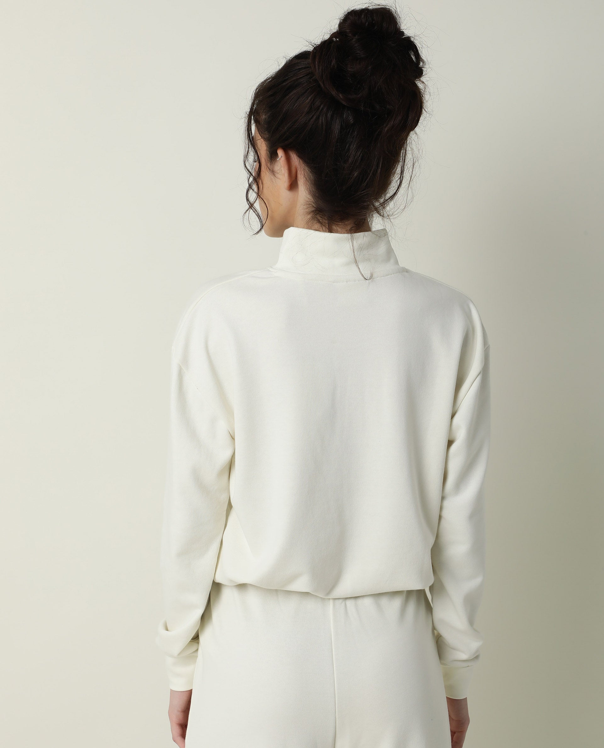 Rareism Women Taffy-1 Off White Relaxed Fit Full Sleeves Solid High Neck Sweatshirt