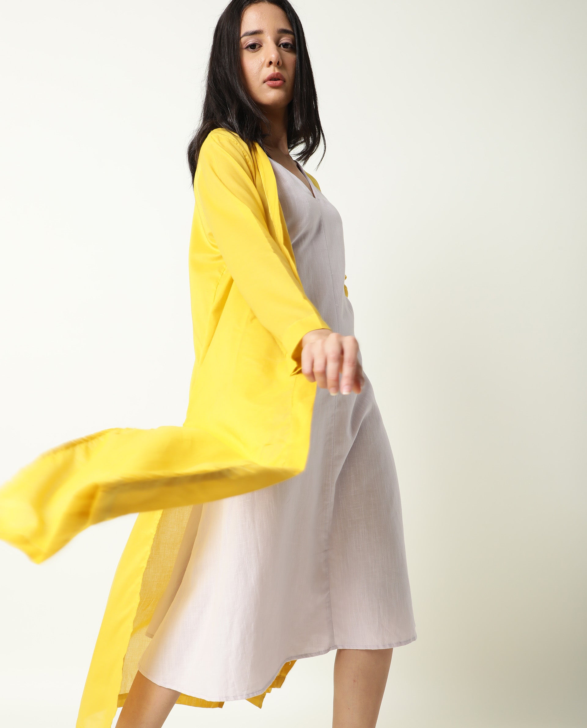Rareism Women's Java Yellow Cotton Collarless Plain Knee Length Regular Fit Shrug
