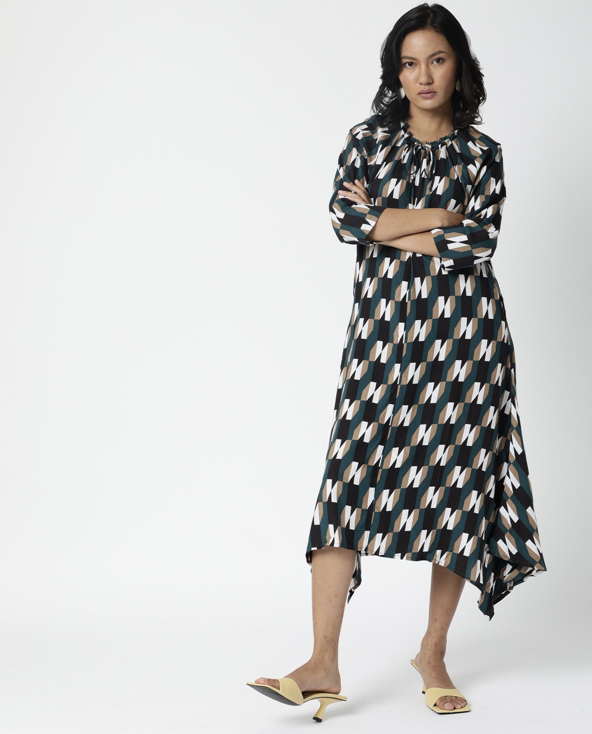 Rareism Womens Matan Green Dress Knee Length Boxy Fit Collar Neck Cotton Silk Fabric