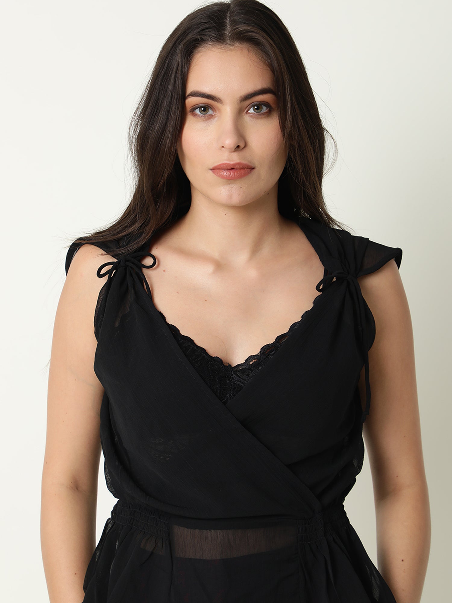 Rareism Women's Belong Black Viscose V-Neck Plain Sleeveless Regular Fit Top