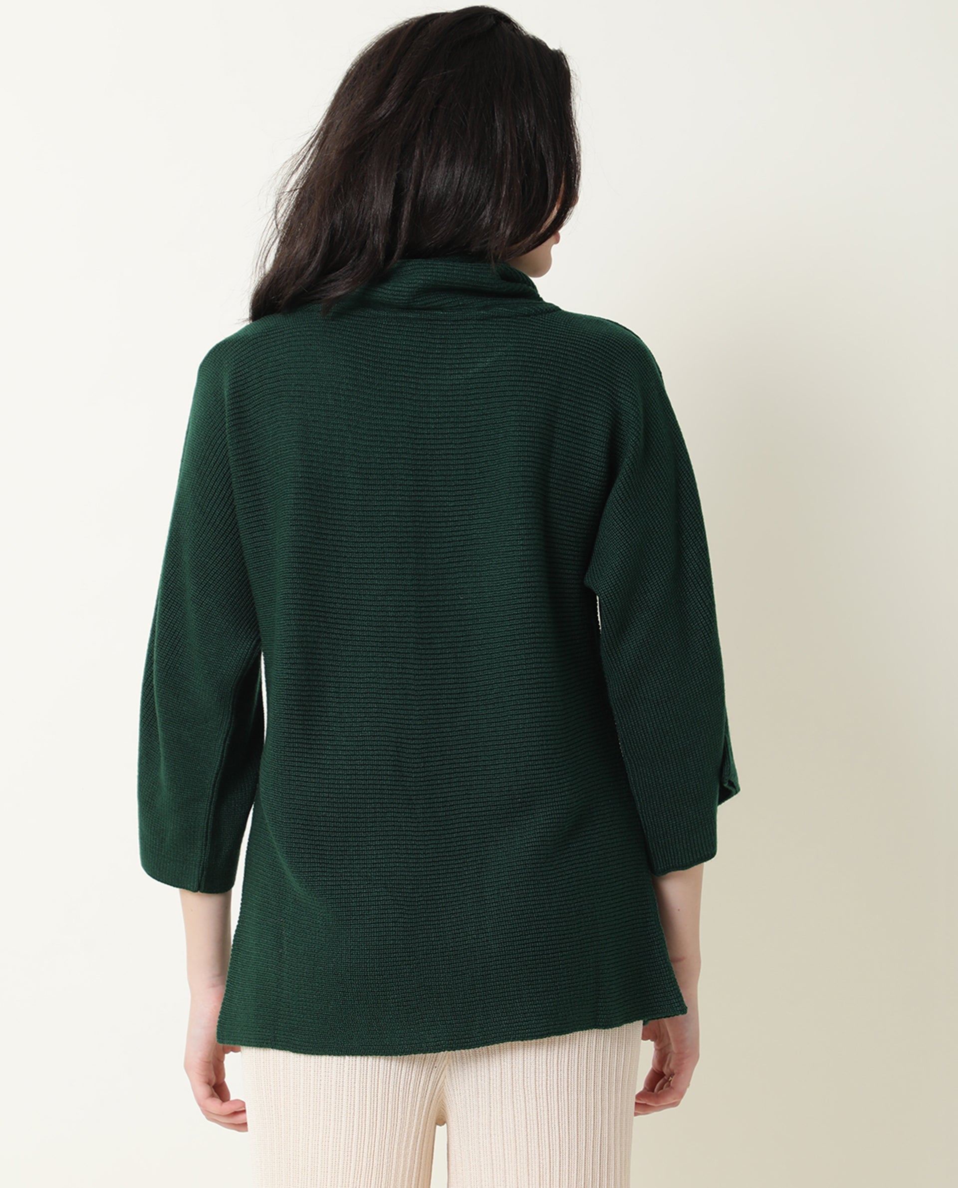 Rareism Women Sasho Green Acrylic Fabric 3/4Th Sleeves Relaxed Fit Solid Cowl Neck Sweater