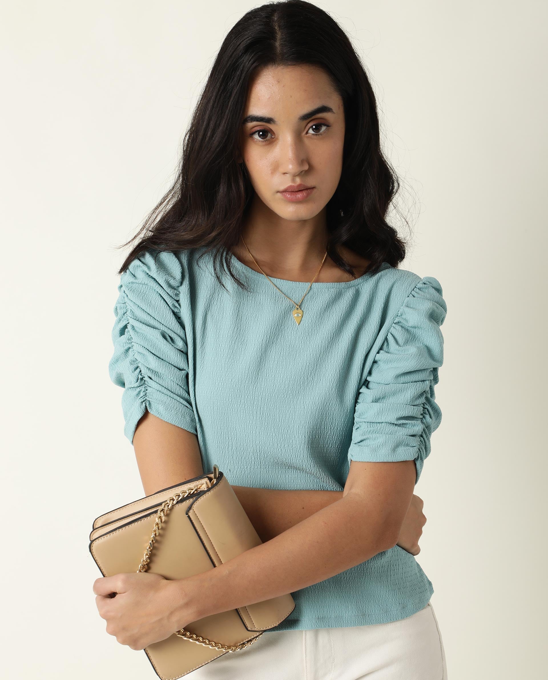 Rareism Women's Frozen Green Cotton Boat Neck Plain Ruffled Sleeve Regular Fit Top
