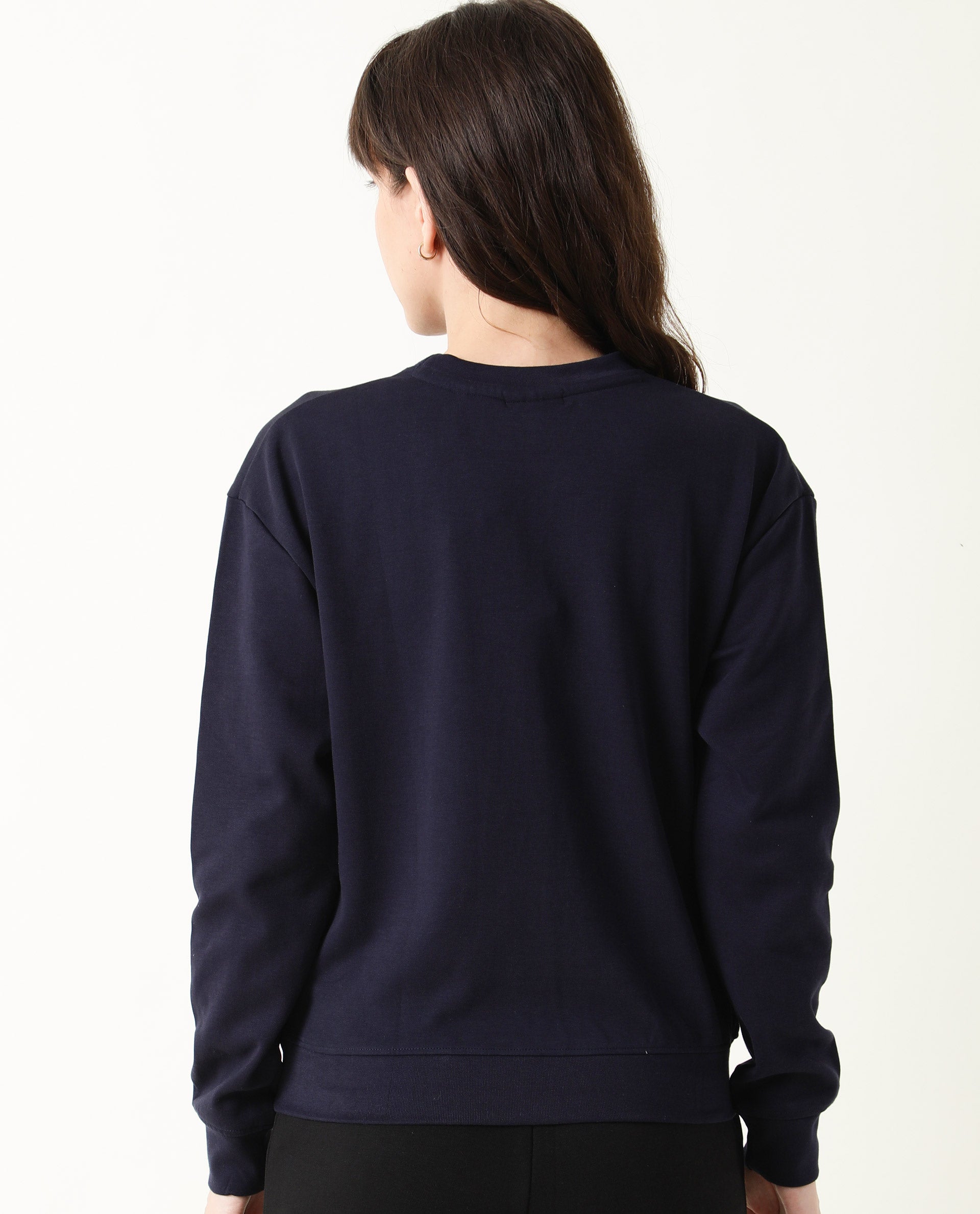 Rareism Women Slashy Navy Relaxed Fit Full Sleeves Solid Crew Neck Sweatshirt