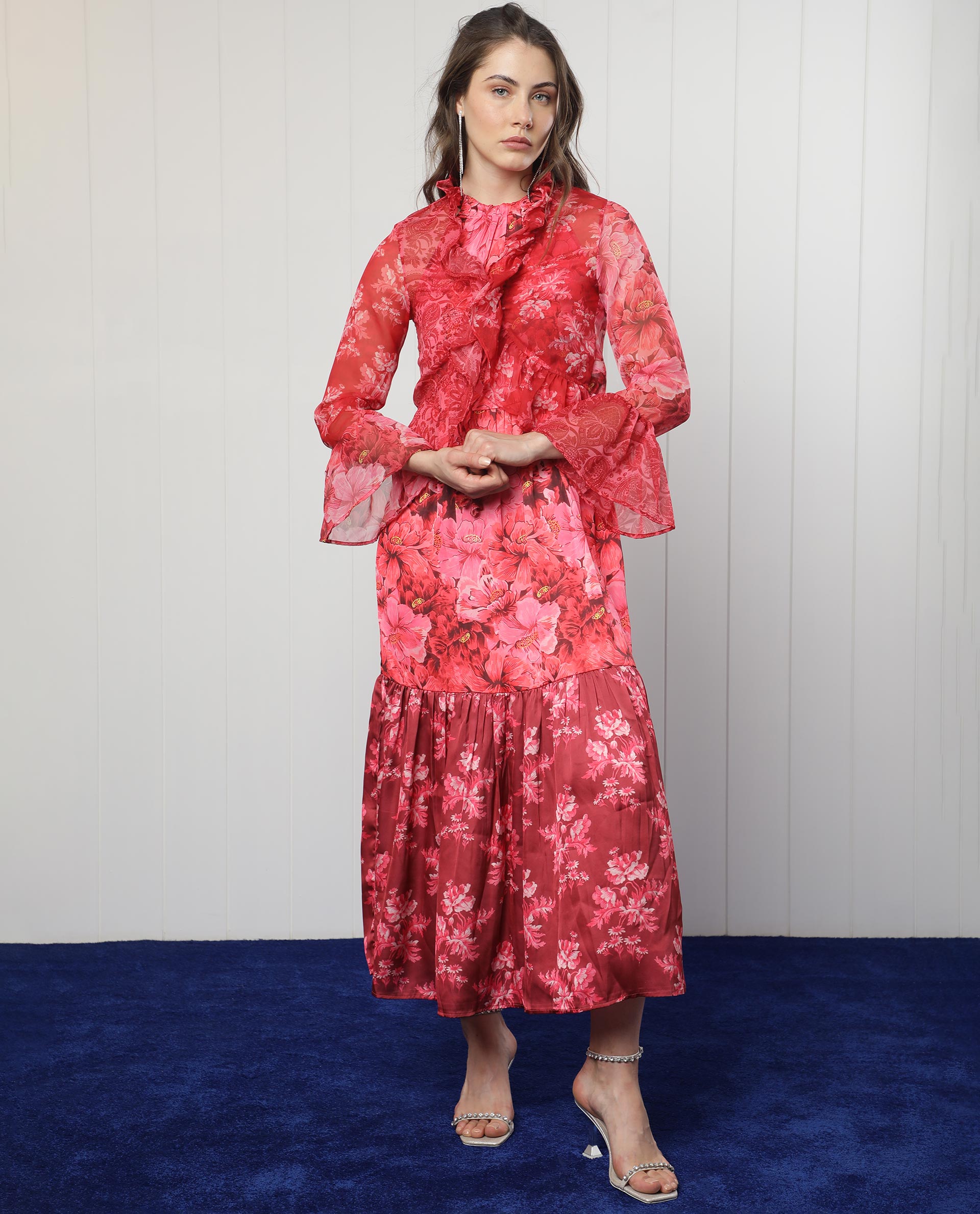 Rareism Women Myloh Maroon Polyester Fabric Full Sleeves Drawstring Closure V-Neck Bell Sleeve Regular Fit Floral Print Cropped Shrug