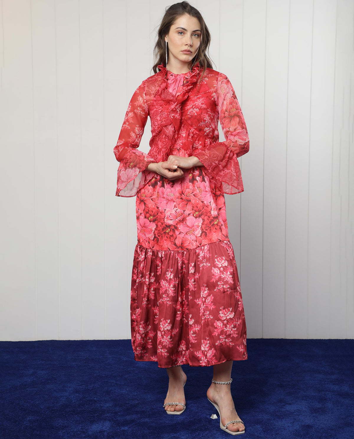 Rareism Women Myloh Maroon Polyester Fabric Full Sleeves Drawstring Closure V-Neck Bell Sleeve Regular Fit Floral Print Cropped Shrug