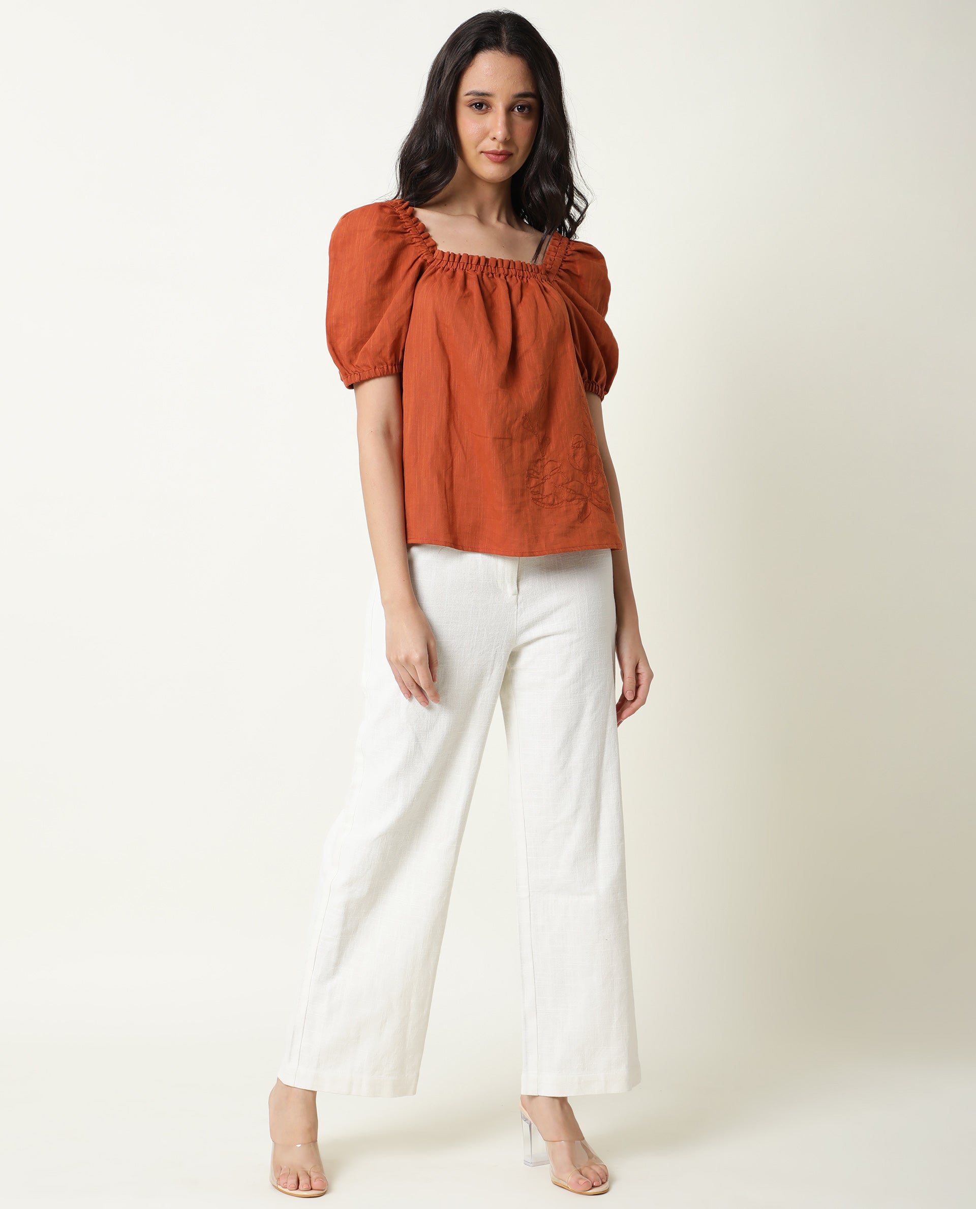 Rareism Womens Gamora Rust Top Cotton Linen Fabric Loose Fit Puff Sleeves Square Neck