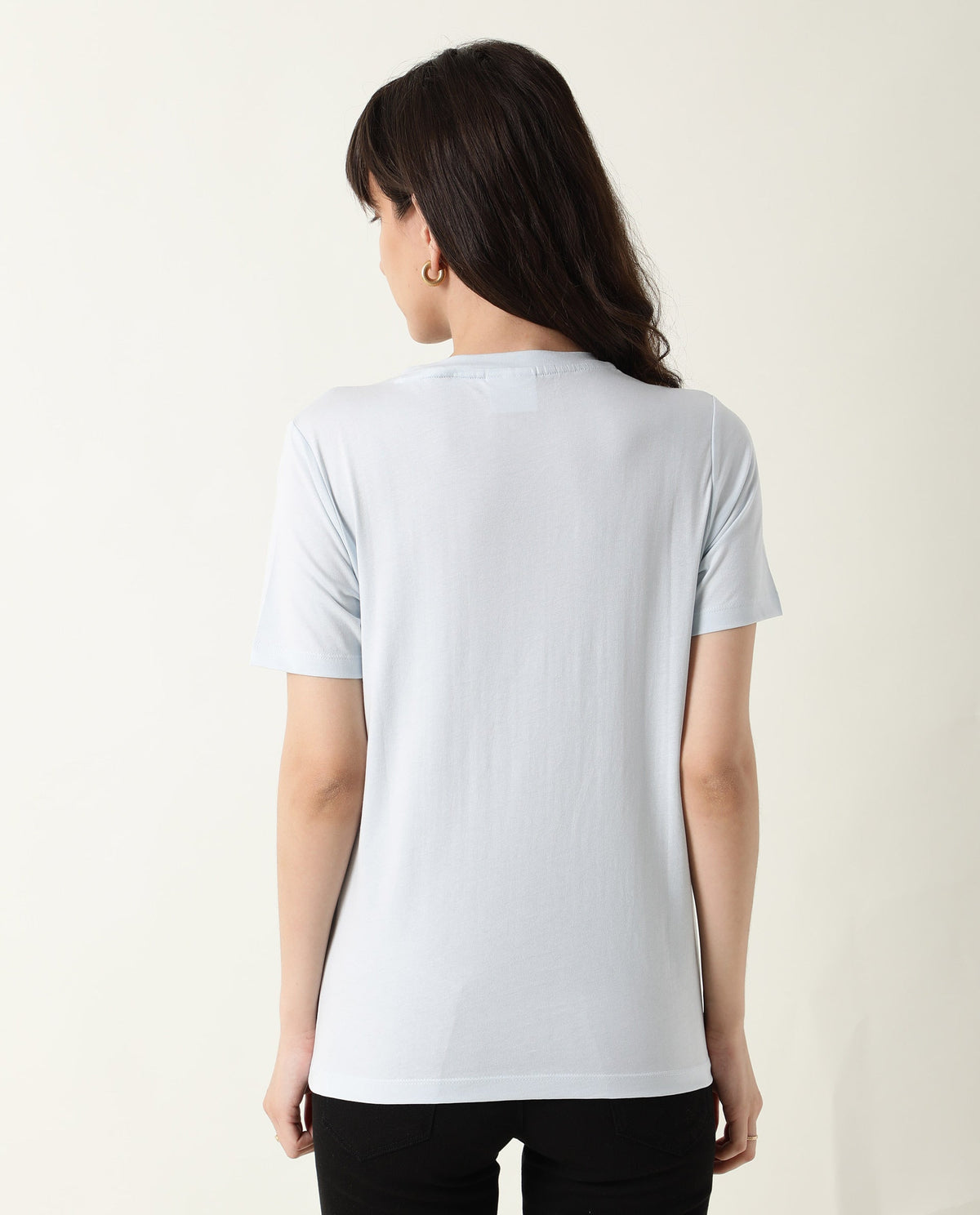 Rareism Women Gulf Pastel Blue Cotton Fabric Regular Fit Half Sleeves Graphic Print Crew Neck T-Shirt