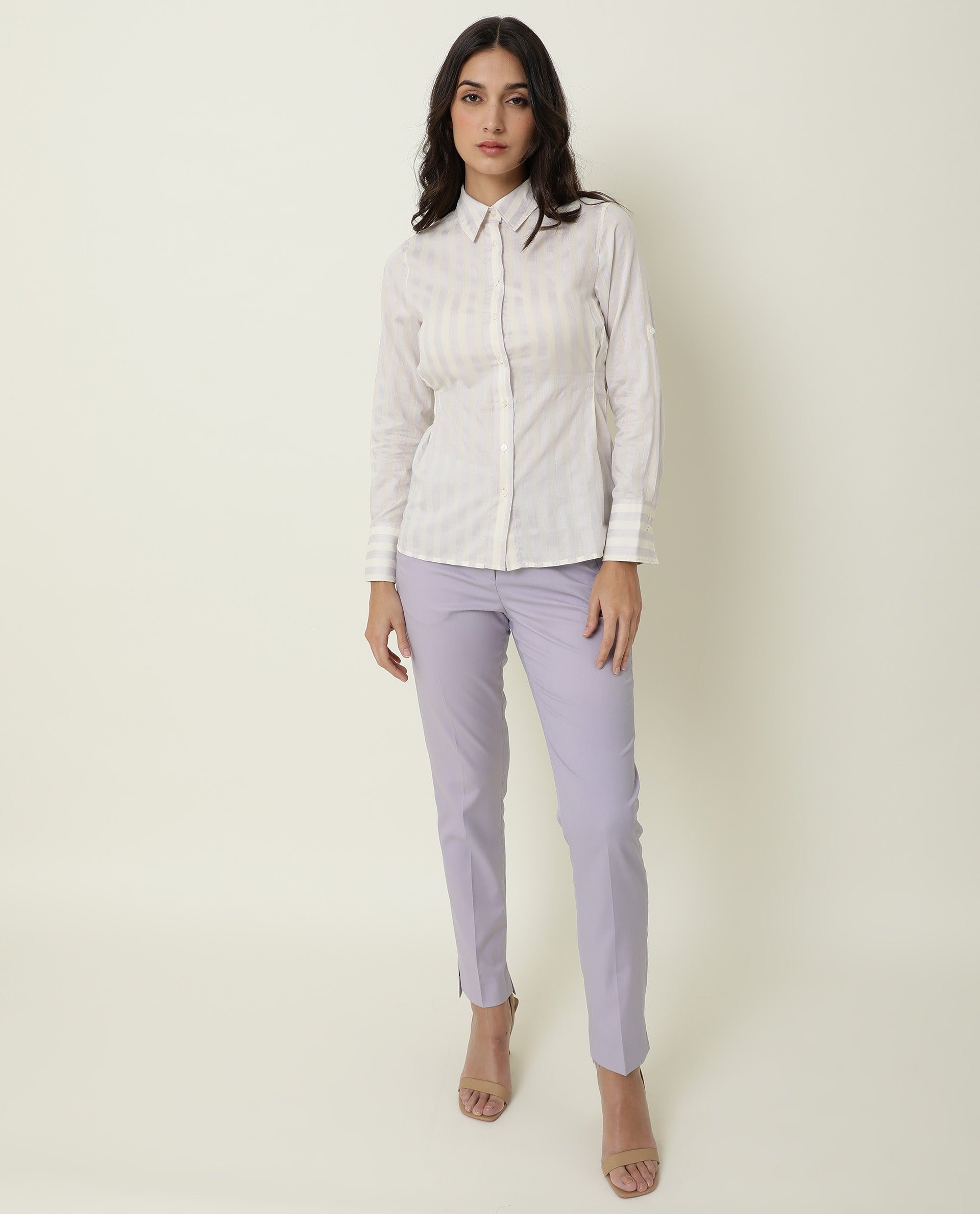 Rareism Women's Pickle Yellow Cotton Spread Collar Striped Regular Fit Top